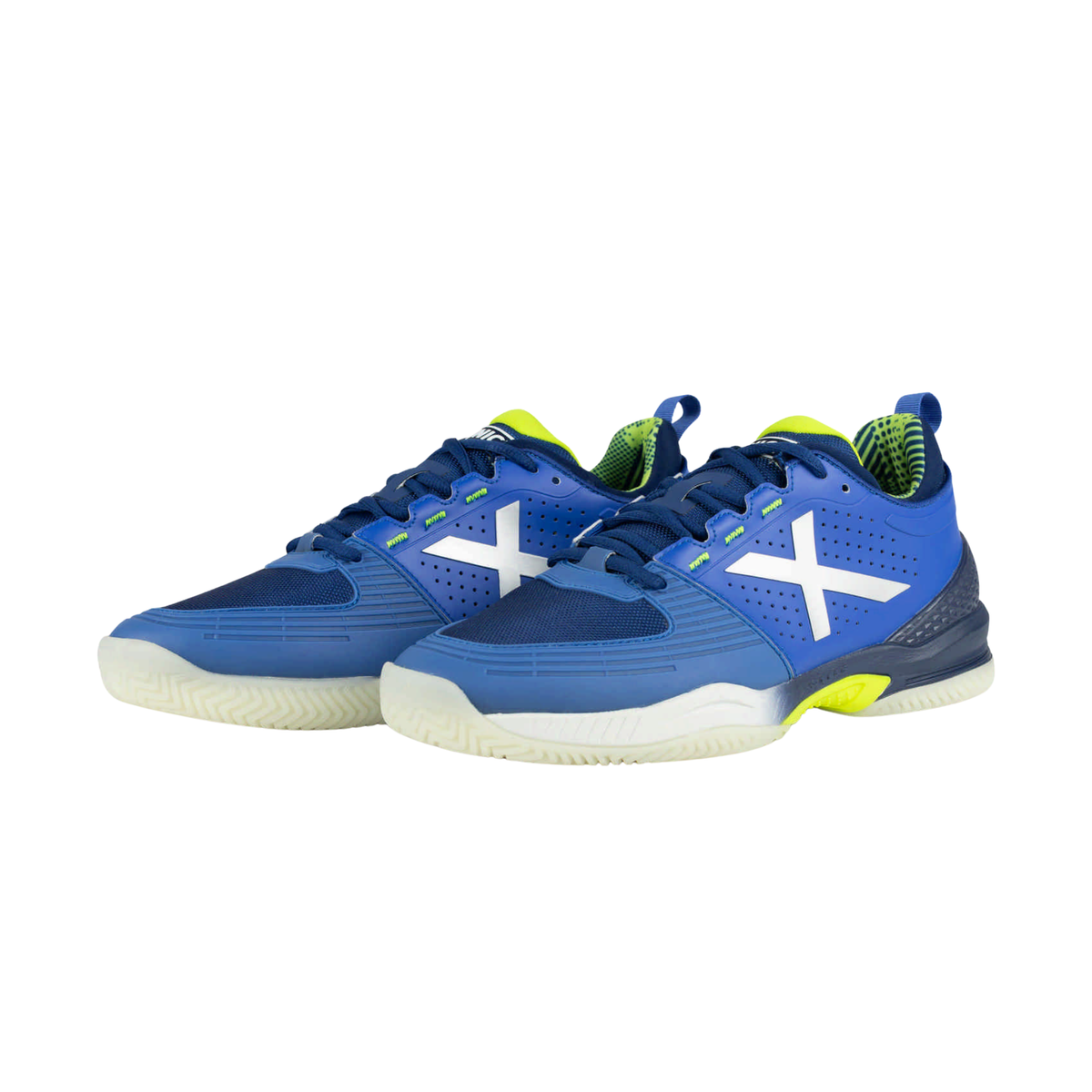 Pair of Munich Atomik 56 padel shoes in blue and fluorescent yellow, shown from an angled front view with blue laces, silver X logos, perforated side panels, dark blue heel supports and white outsoles.