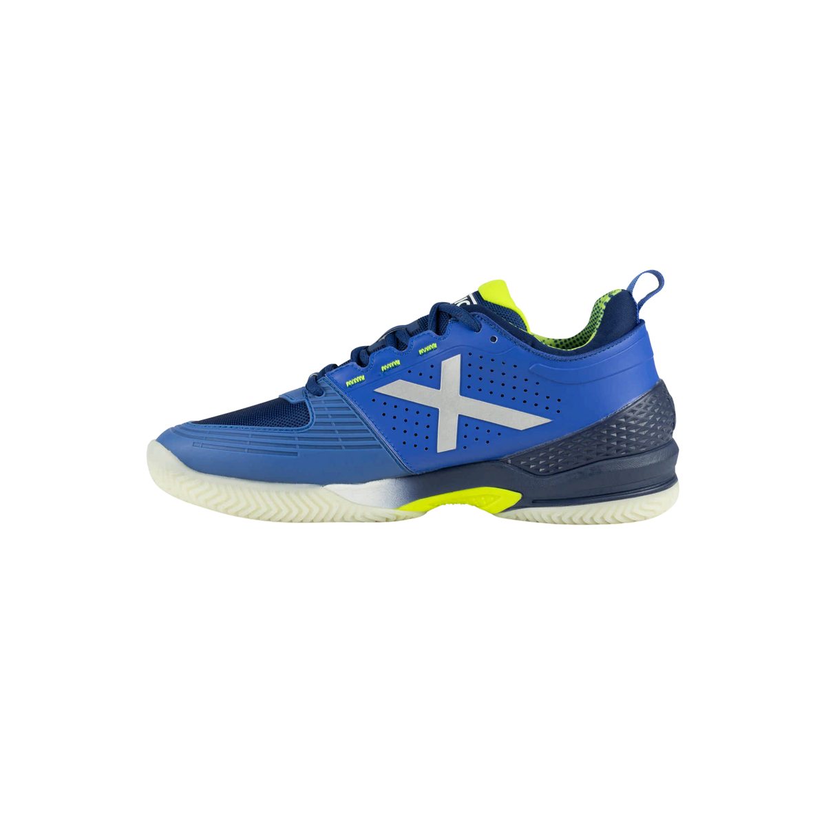 Rear side view of the Munich Atomik 56 padel shoe in blue with a silver X logo, fluorescent yellow details, perforated upper, dark blue textured heel support and white outsole.