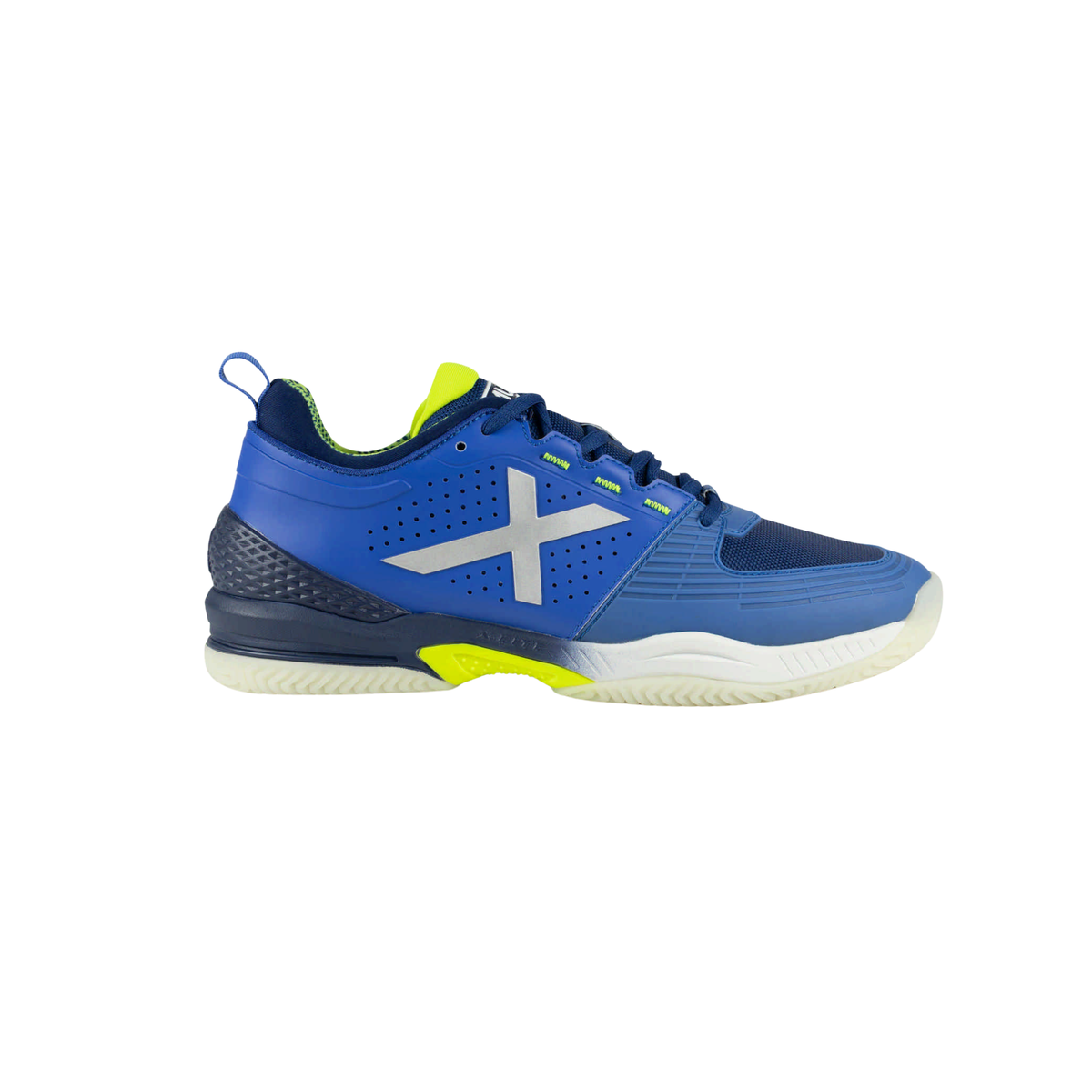 Side view of the Munich Atomik 56 padel shoe in blue, featuring a large silver X logo, blue laces, fluorescent yellow details, perforated upper, dark blue heel support and white outsole.