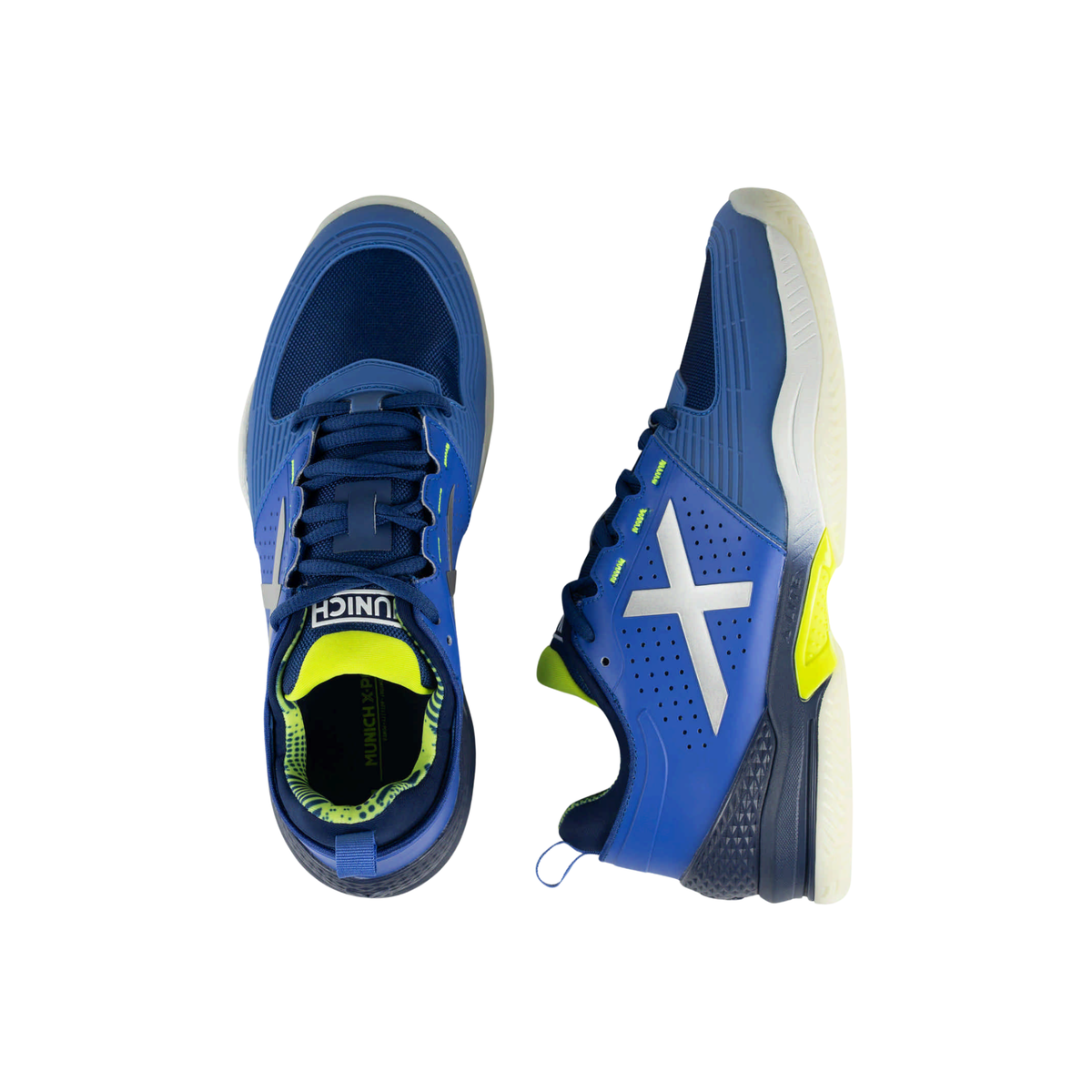 Munich Atomik 56 padel shoes shown from top and side angles, highlighting the blue uppers, blue laces, silver X logo, fluorescent yellow lining and details, dark blue heel support and white outsole.
