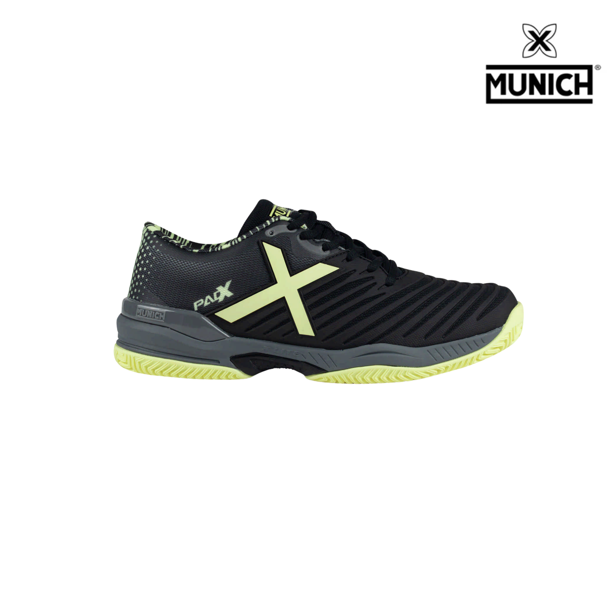 Munich Padx 65 padel shoe in black and neon yellow, shown from the side on a white background with a large neon yellow X logo, black laces, dark grey midsole, neon yellow outsole and Munich brand logo in the top right corner.