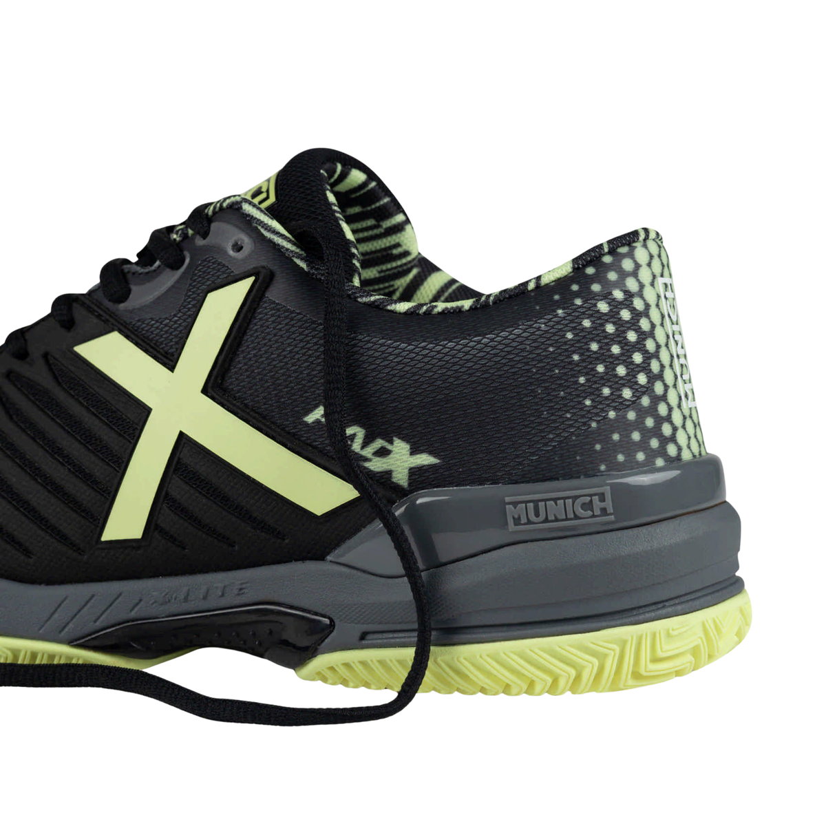 Close-up rear side view of the Munich Padx 65 padel shoe showing the black textured upper, neon yellow X and Padx details, patterned heel and collar, Munich heel support, dark grey midsole and neon yellow outsole.