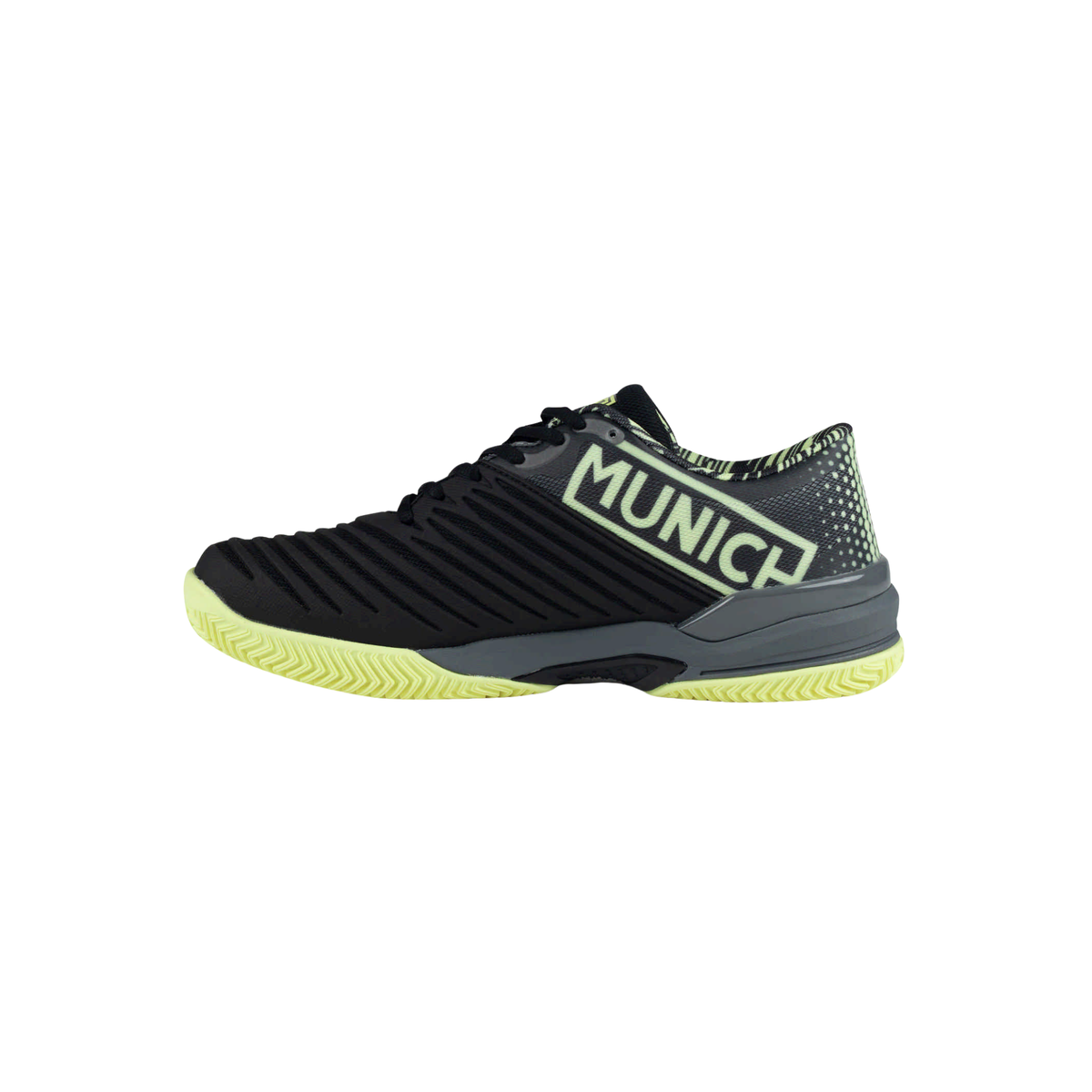 Medial side view of the Munich Padx 65 padel shoe featuring a black ribbed upper, large neon yellow Munich lettering, patterned heel and collar details, black laces, dark grey midsole and neon yellow court outsole.