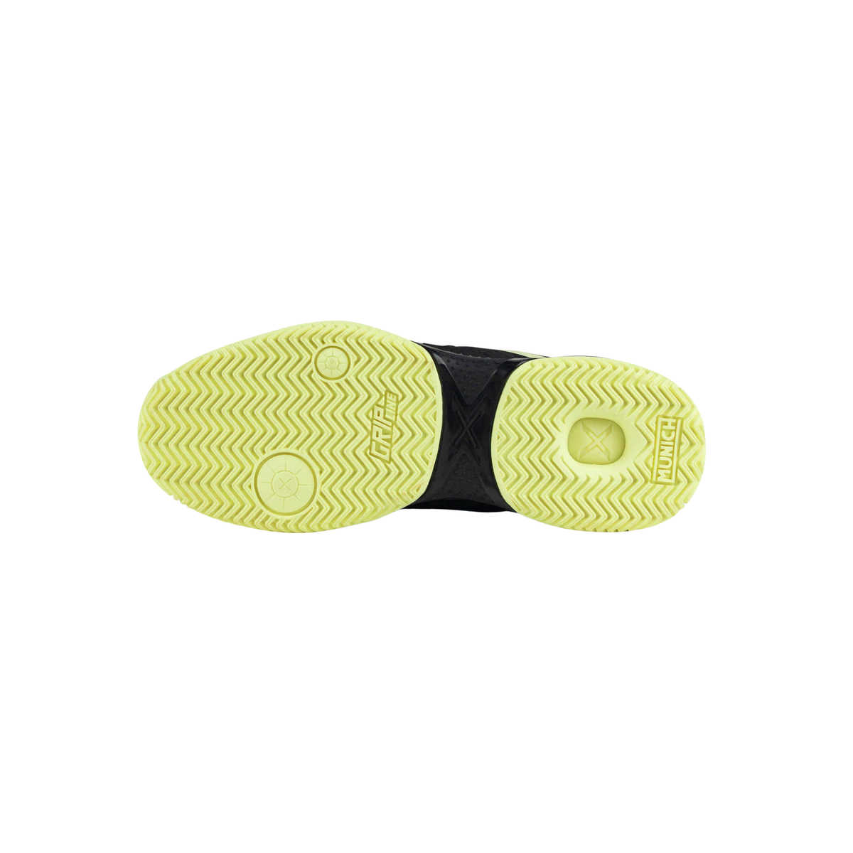 Bottom view of the Munich Padx 65 padel shoe showing the neon yellow herringbone outsole, circular pivot zones, Grip Line branding, Munich logo and black central support section.
