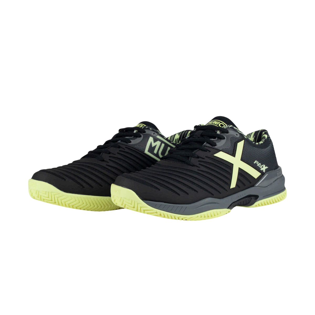 Pair of Munich Padx 65 padel shoes in black and neon yellow, shown from an angled front view with black laces, ribbed uppers, neon yellow Munich and X branding, dark grey midsoles and neon yellow outsoles.