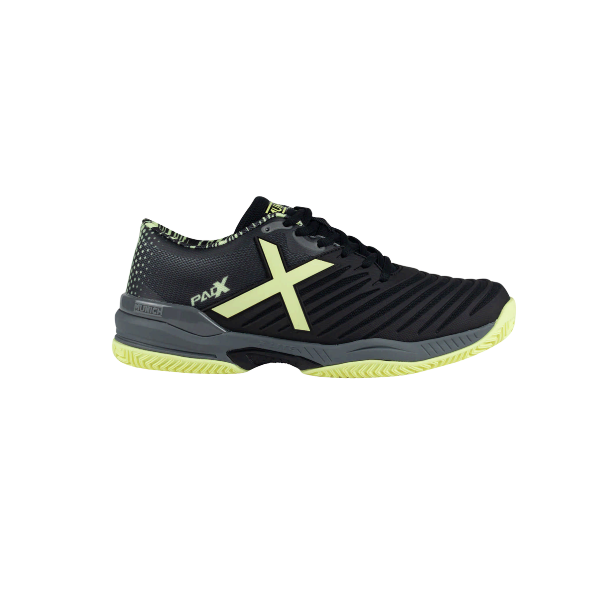 Side view of the Munich Padx 65 padel shoe in black with a large neon yellow X logo, black laces, patterned neon yellow collar details, dark grey midsole and neon yellow herringbone outsole.