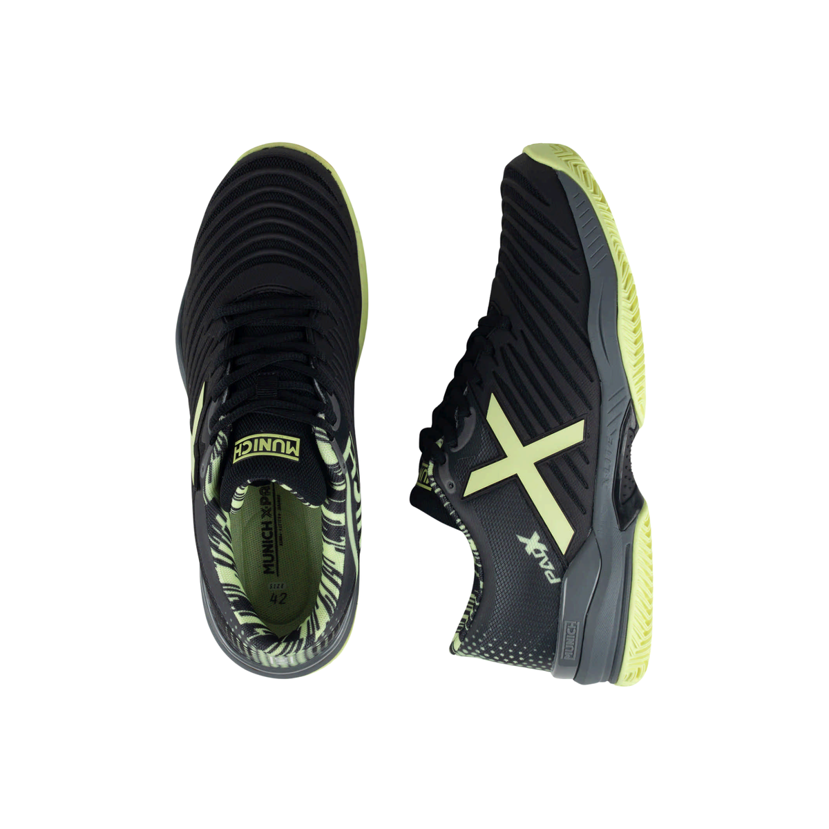 Munich Padx 65 padel shoes shown from top and side angles, highlighting the black ribbed uppers, black laces, large neon yellow X logo, Padx branding, patterned inner lining, dark grey midsoles and neon yellow outsoles.