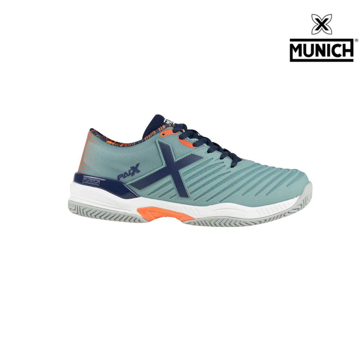 Munich PADX 66 padel shoe in light teal with navy blue and orange details, shown from the side on a white background with the Munich brand logo in the top right corner.