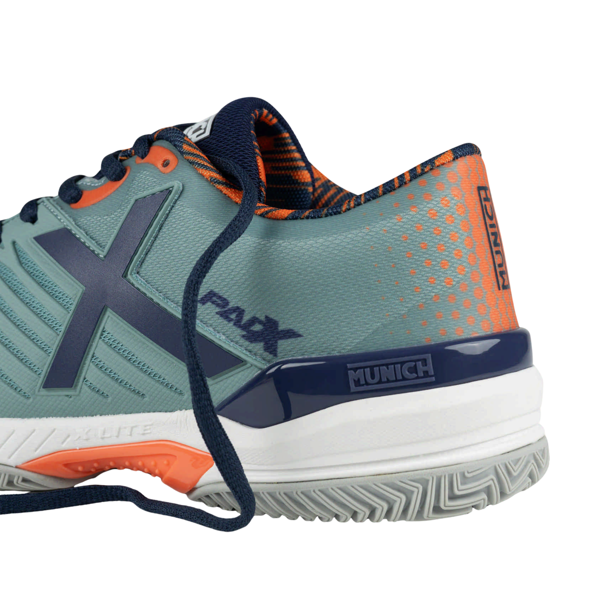 Close-up rear side view of the Munich PADX 66 padel shoe showing the light teal upper, orange heel detailing, navy Munich heel support, padded collar and grey outsole.