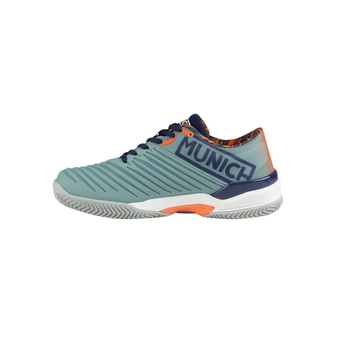 Medial side view of the Munich PADX 66 padel shoe in light teal with a large navy Munich logo, orange accents, navy laces, white midsole and grey outsole.