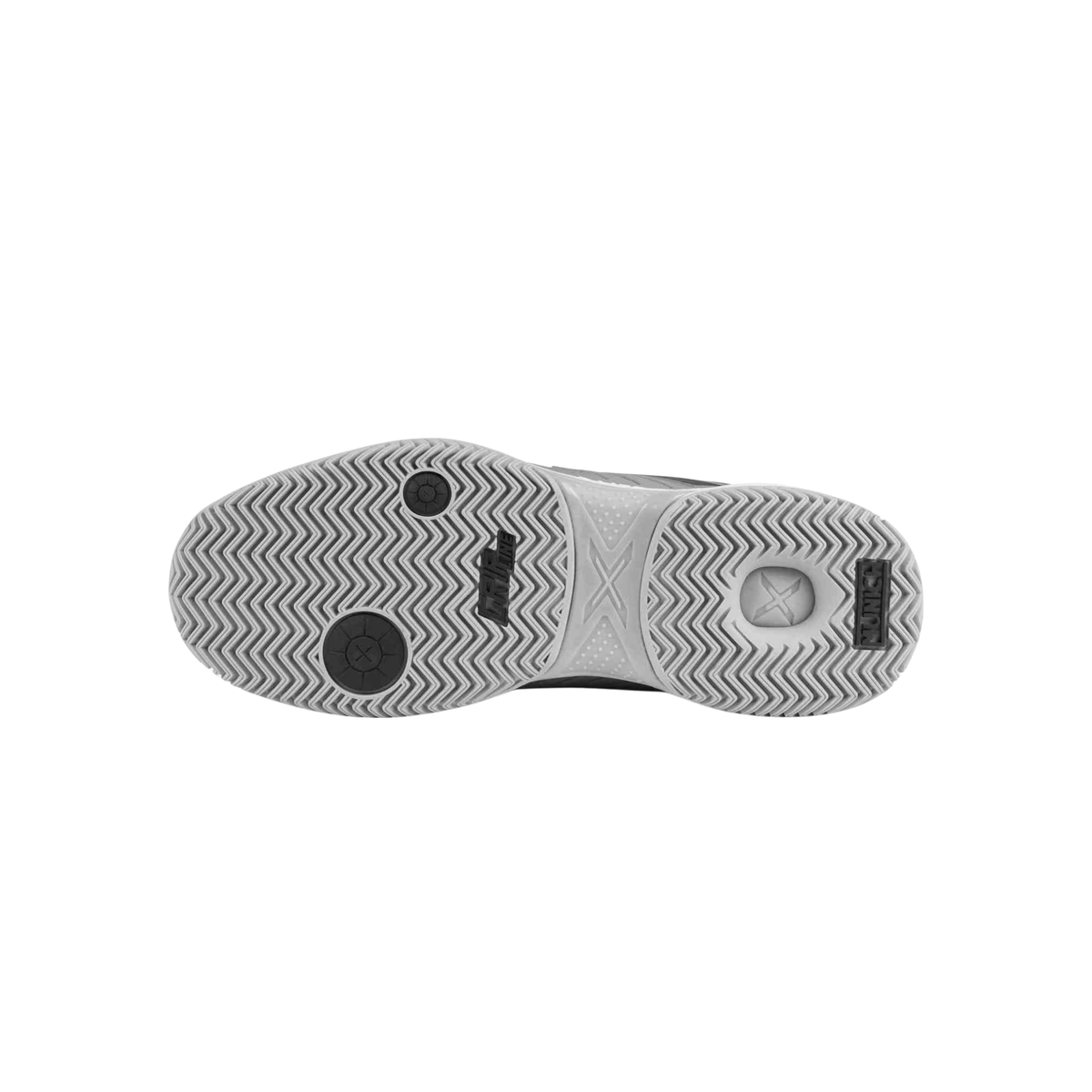 Bottom view of the Munich PADX 66 padel shoe showing the grey herringbone-pattern outsole, circular pivot zones and textured tread designed for grip on the padel court.