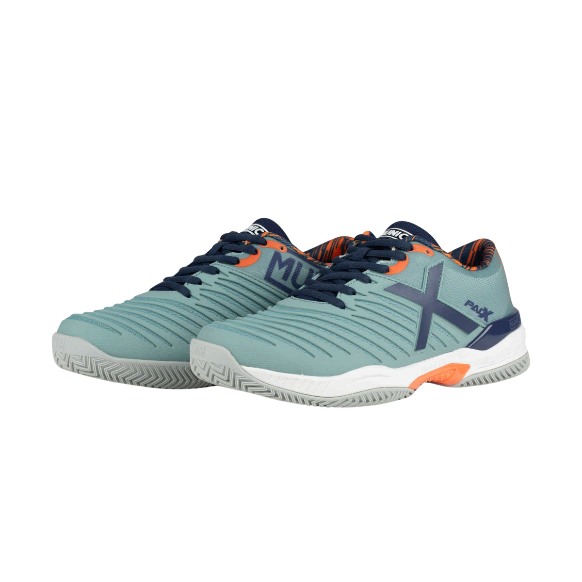 Pair of Munich PADX 66 padel shoes in light teal, navy blue and orange, shown from an angled front and side view with the white midsoles and grey court outsoles visible.