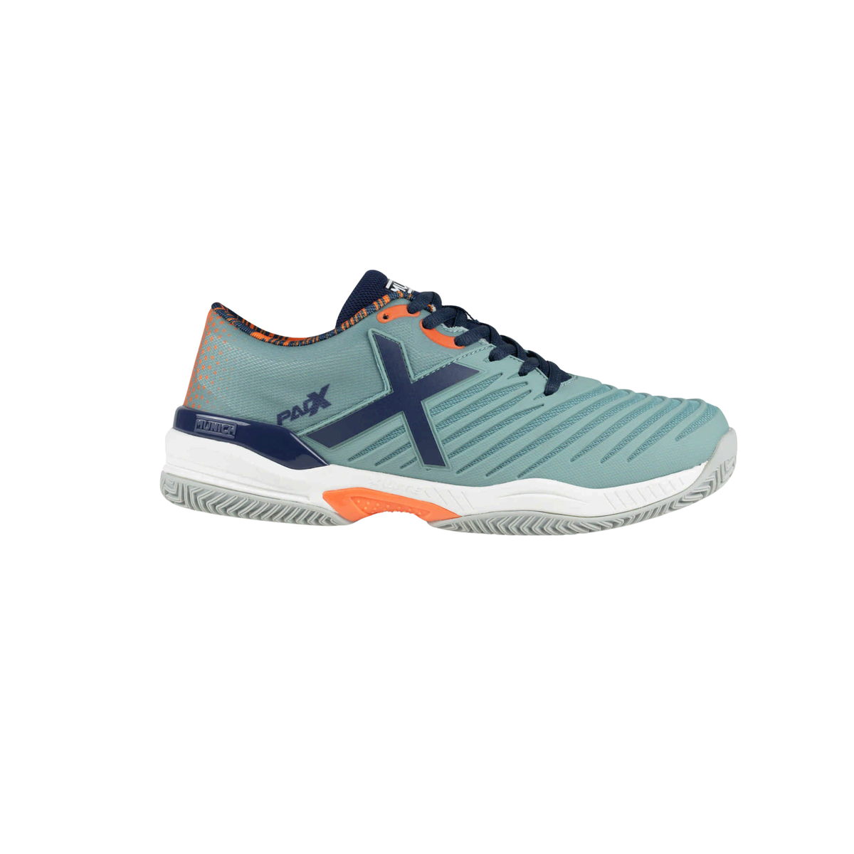 Side view of the Munich PADX 66 padel shoe in light teal, featuring navy blue laces and side logo, orange accents, a white midsole and grey herringbone outsole.