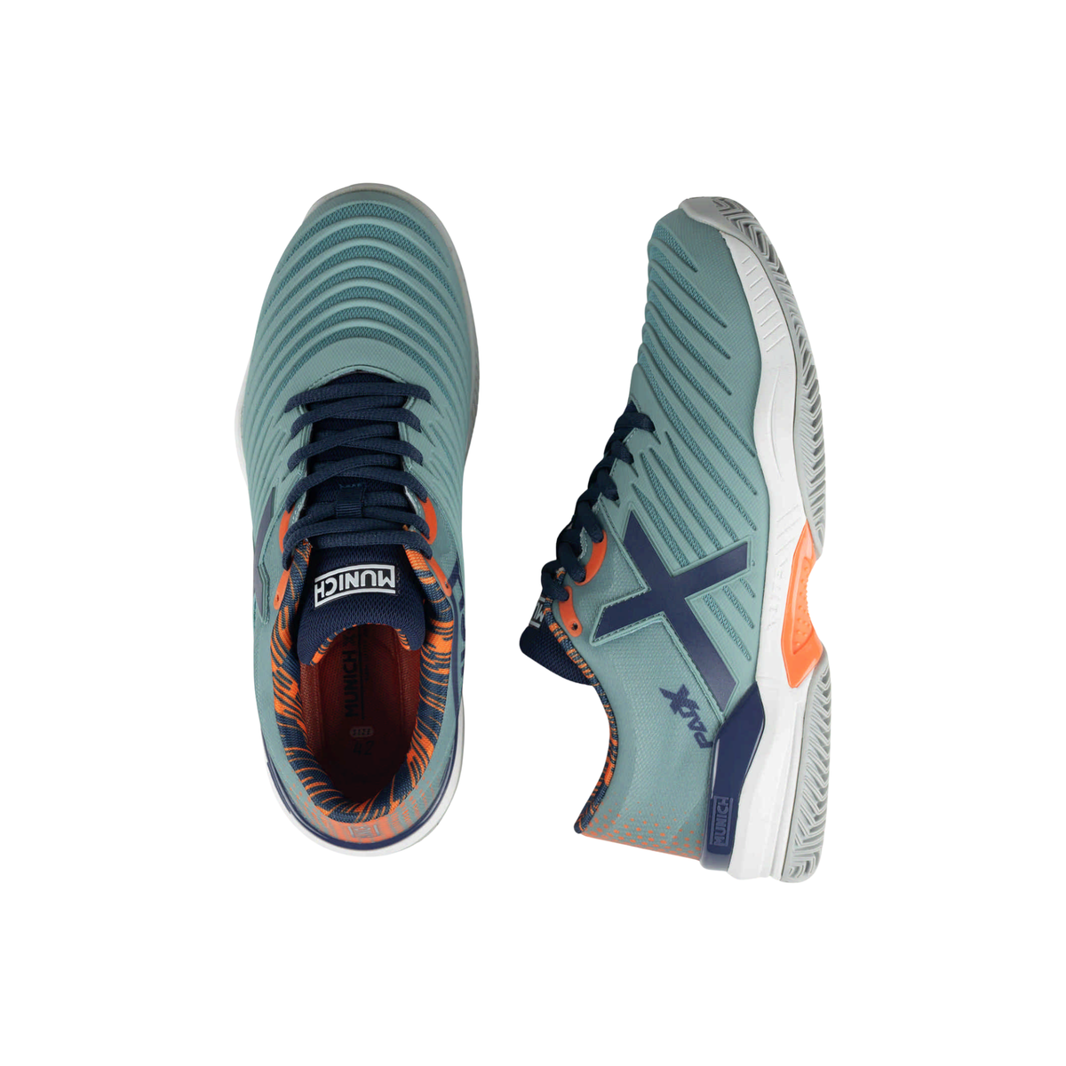 Munich PADX 66 padel shoes shown from top and side angles, highlighting the light teal uppers, navy laces and logos, orange collar details, white midsoles and grey outsoles.