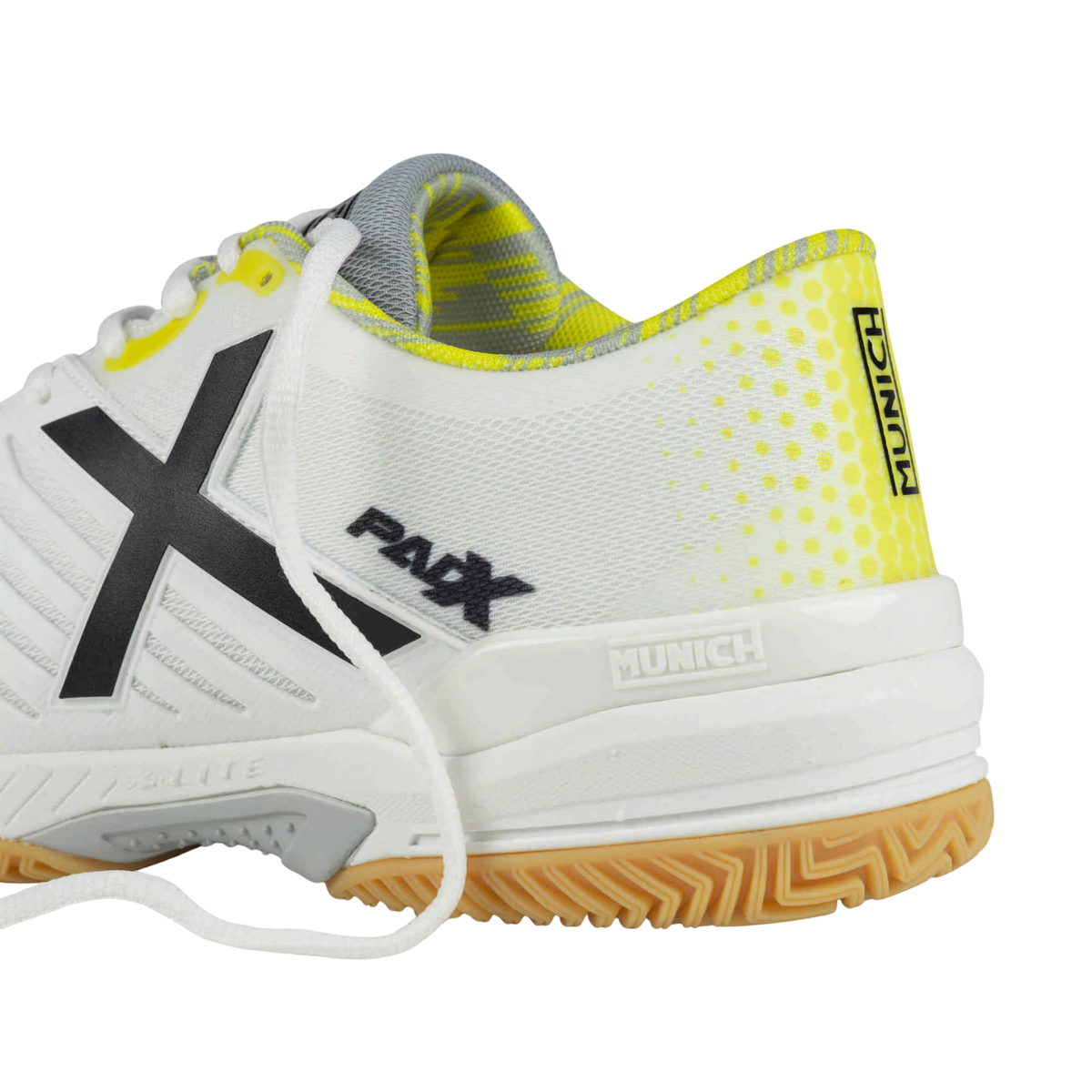Close-up rear side view of the Munich PADX 67 padel shoe showing the white textured upper, black X and PADX branding, bright yellow heel details, grey padded collar, Munich heel support and gum outsole.