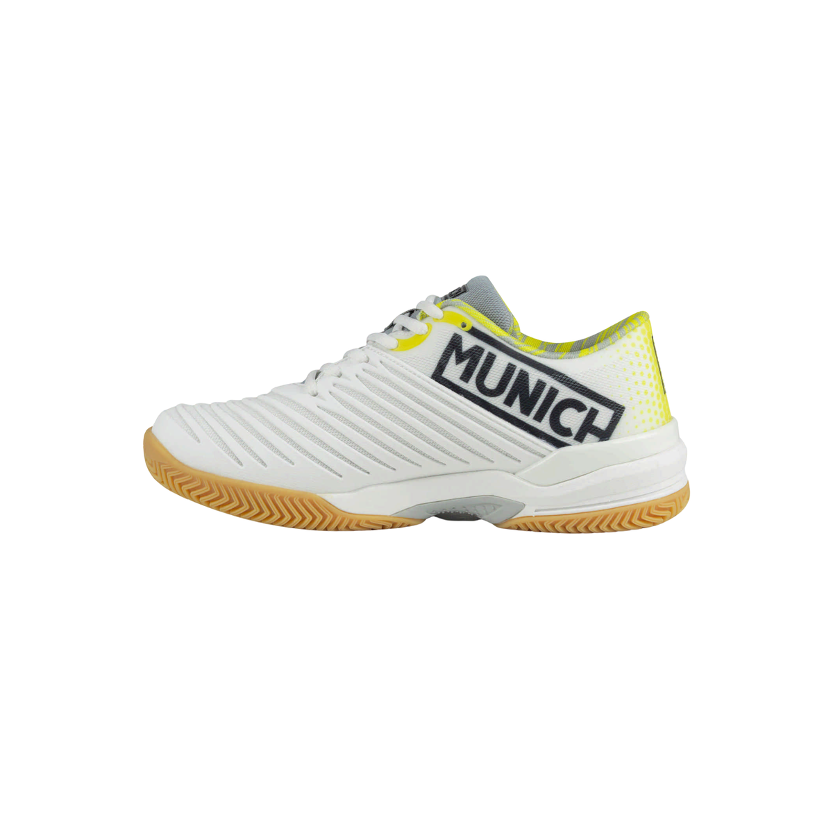 Medial side view of the Munich PADX 67 padel shoe featuring a white ribbed upper, large black Munich lettering, yellow collar and heel accents, white laces, white midsole and gum court outsole.