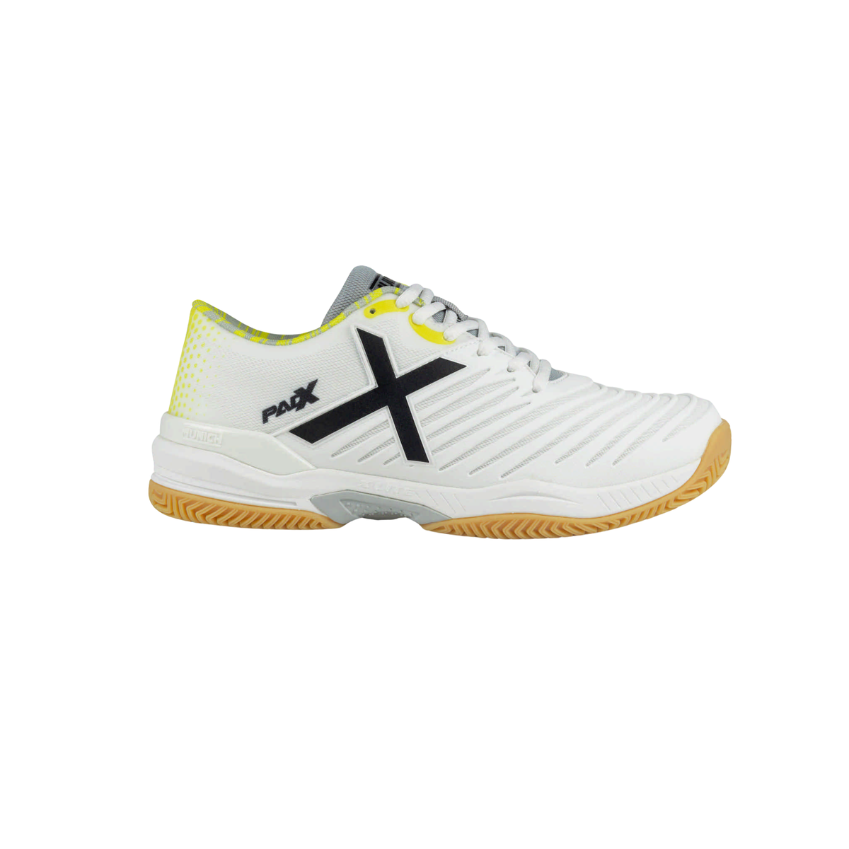 Side view of the Munich PADX 67 padel shoe in white with a large black X logo, yellow heel and collar details, white laces, ribbed upper, white midsole and gum herringbone outsole.