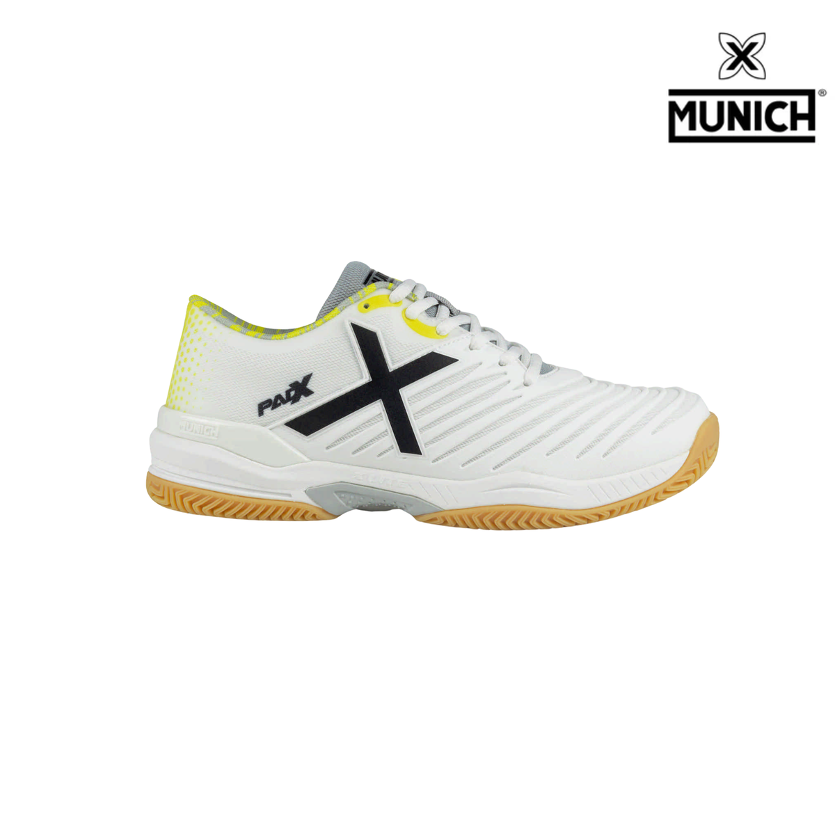 Munich Padx 68 padel shoe in light grey and fluor yellow, shown from the side on a white background with a large black X logo, white laces, fluor yellow details, gum outsole and Munich brand logo in the top right corner.