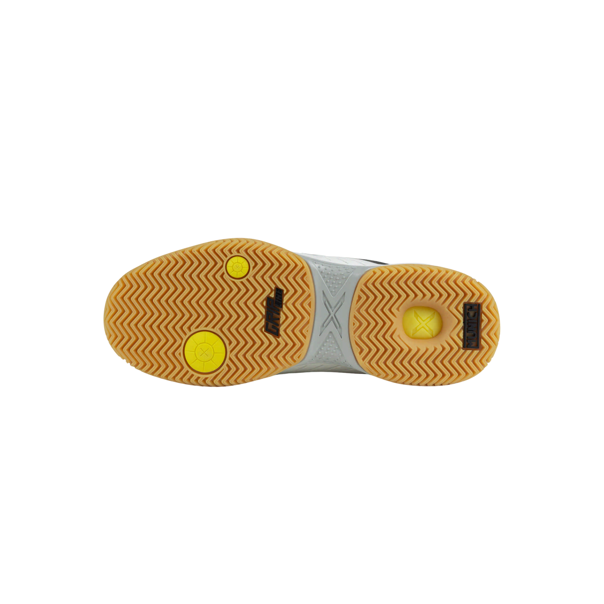 Bottom view of the Munich Padx 68 padel shoe showing the gum herringbone outsole, yellow circular pivot zones, Grip Line branding, Munich logo and grey central support section.