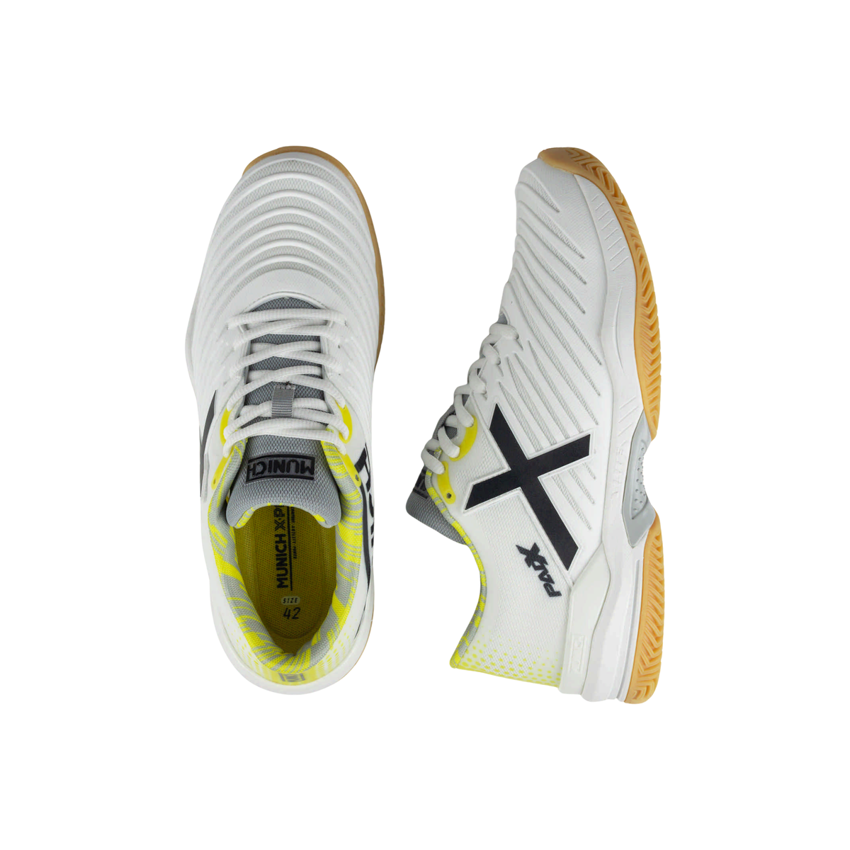 Munich Padx 68 padel shoes shown from top and side angles, highlighting the light grey ribbed uppers, white laces, black X logo, Padx branding, fluor yellow and grey inner lining, white midsoles and gum outsoles.