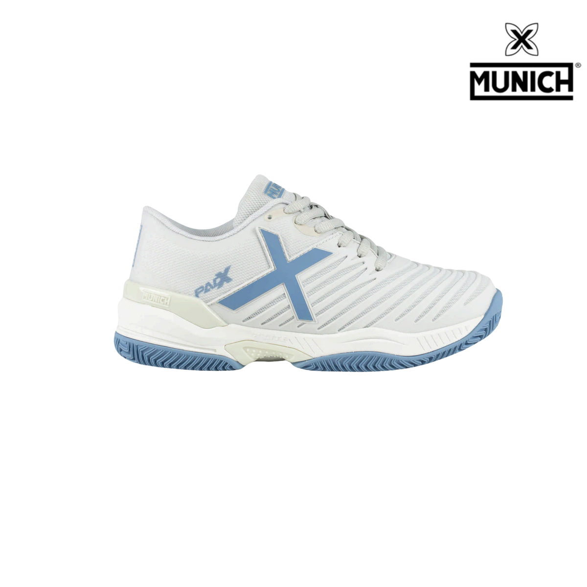 Munich PADX 69 padel shoe in white and light blue, shown from the side on a white background with a large light blue X logo, white laces, blue herringbone outsole and Munich brand logo in the top right corner.