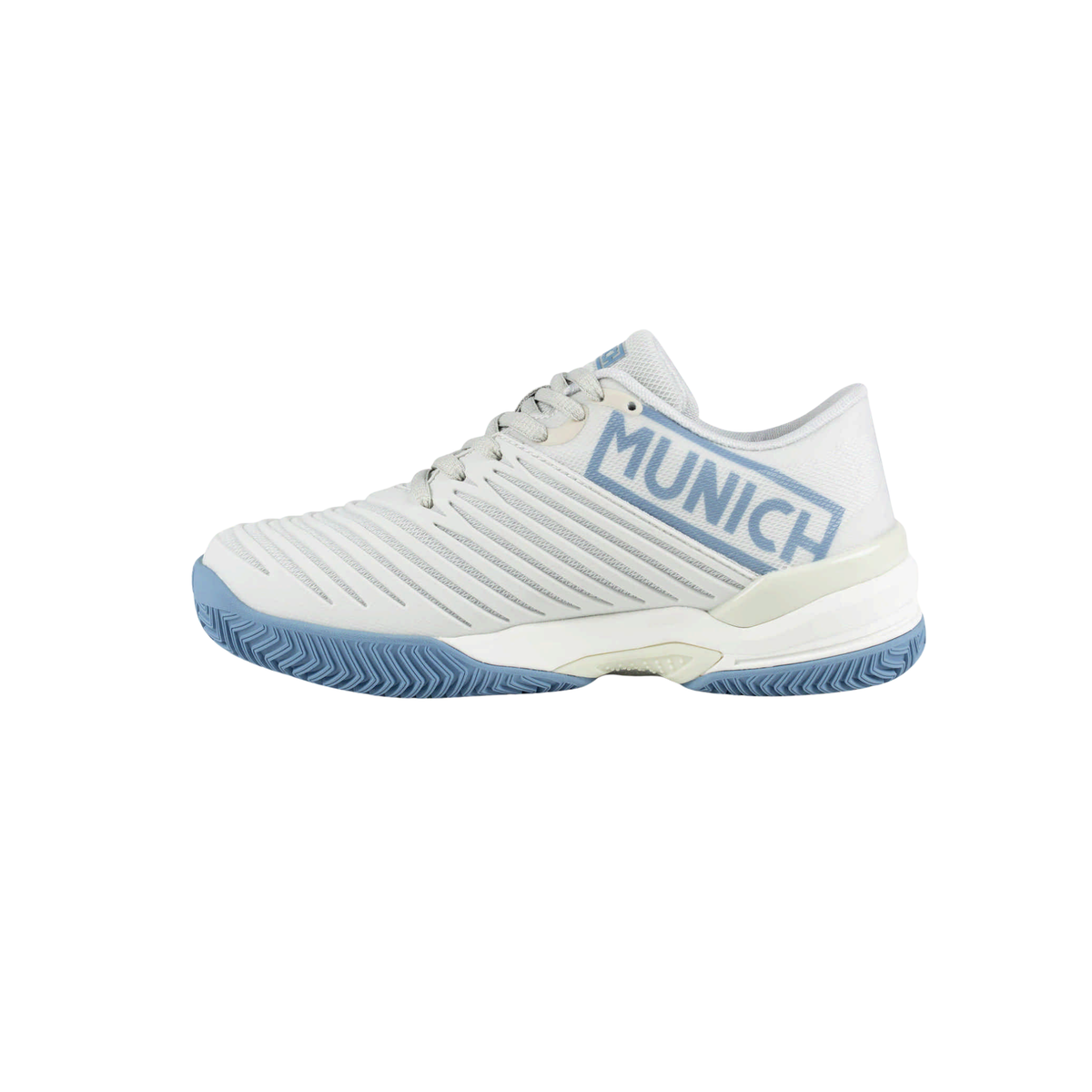 Medial side view of the Munich PADX 69 padel shoe in white and light blue, featuring large light blue Munich lettering, white laces, ribbed upper, white midsole and blue herringbone outsole.