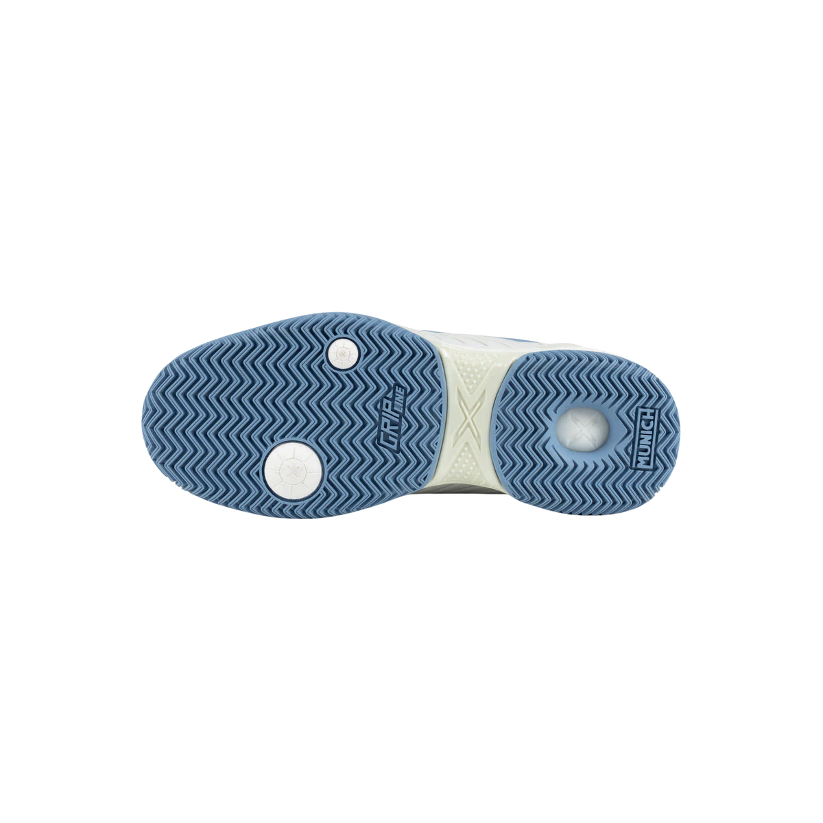 Bottom view of the Munich PADX 69 padel shoe showing the blue herringbone outsole, circular pivot zones, Grip Line branding and textured tread pattern for padel and tennis courts.