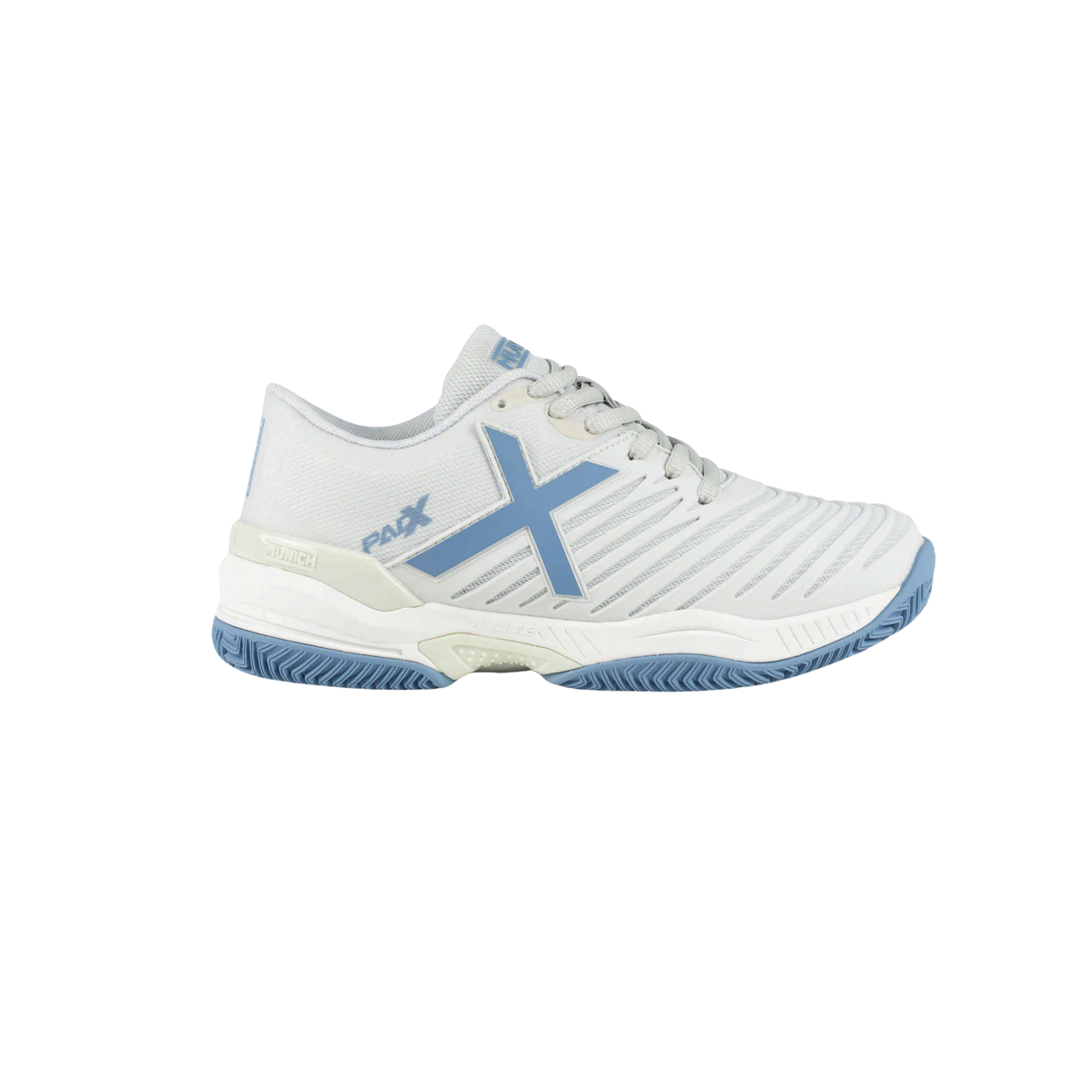Side view of the Munich PADX 69 padel shoe in white and light blue, featuring a large light blue X logo, white laces, textured upper, white midsole and blue herringbone court outsole.