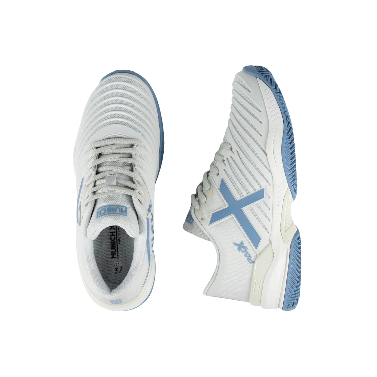 Munich PADX 69 padel shoes in white and light blue shown from top and side angles, highlighting the white laces, padded interior, ribbed upper, light blue X logo, white midsole and blue court outsole.