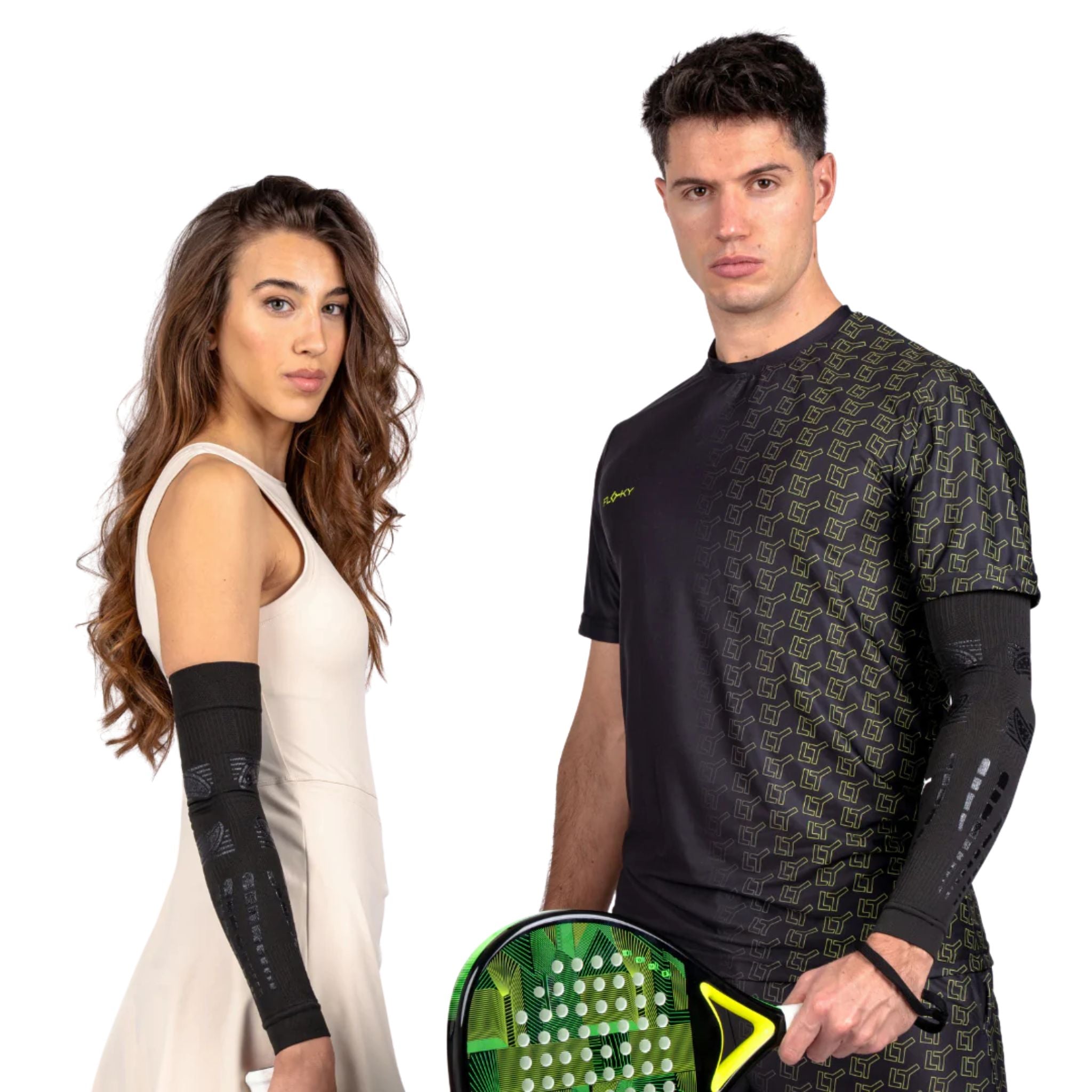 Male and female athletes wearing the Floky NO STRAIN Evolution Sleeve around the arm, demonstrating advanced compression support and comfort during training and competition.