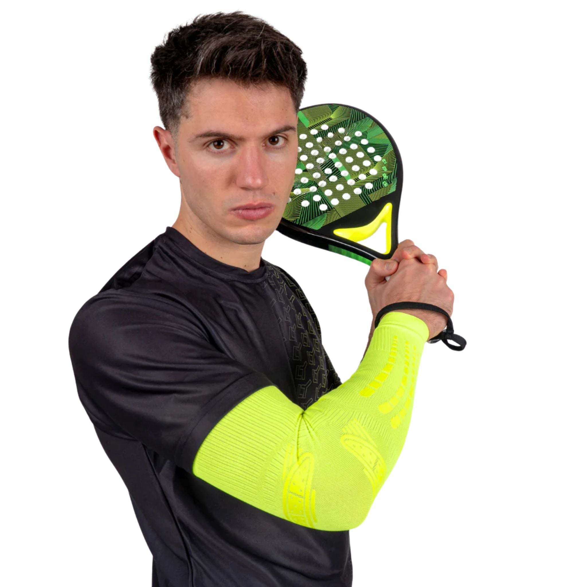 Male athlete wearing the Floky NO STRAIN Evolution Sleeve Yellow around the arm, providing compression support and comfort during sports activities.