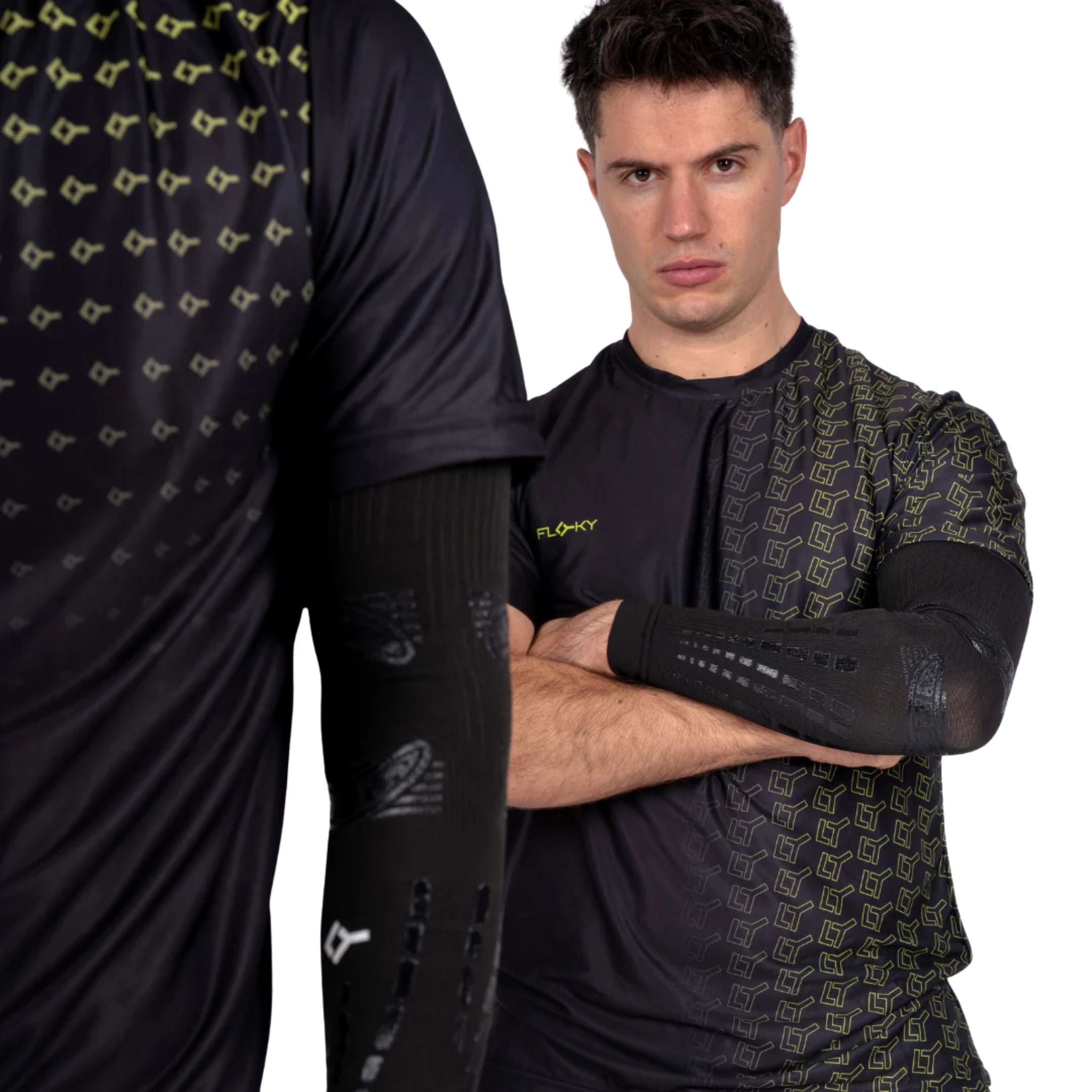 Male athlete wearing the Floky NO STRAIN Evolution Sleeve around the arm, providing targeted compression and support during sports activities