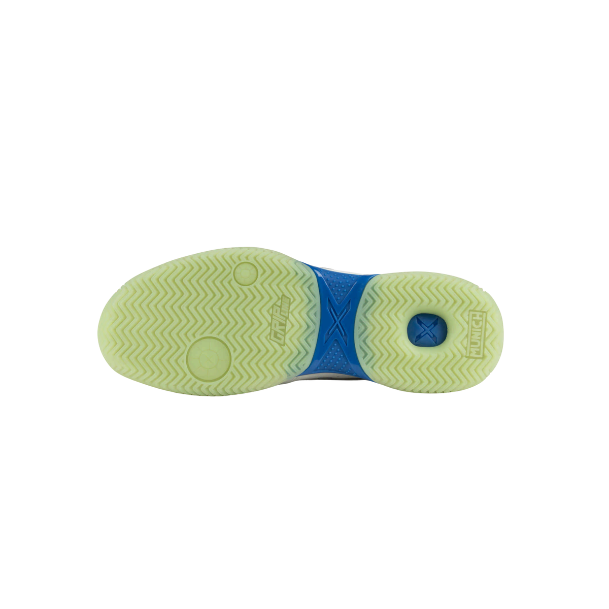 Bottom view of the Munich Atomik 53 padel shoe, showing the pale green herringbone outsole with circular pivot zones, Munich branding and a contrasting blue central support section.