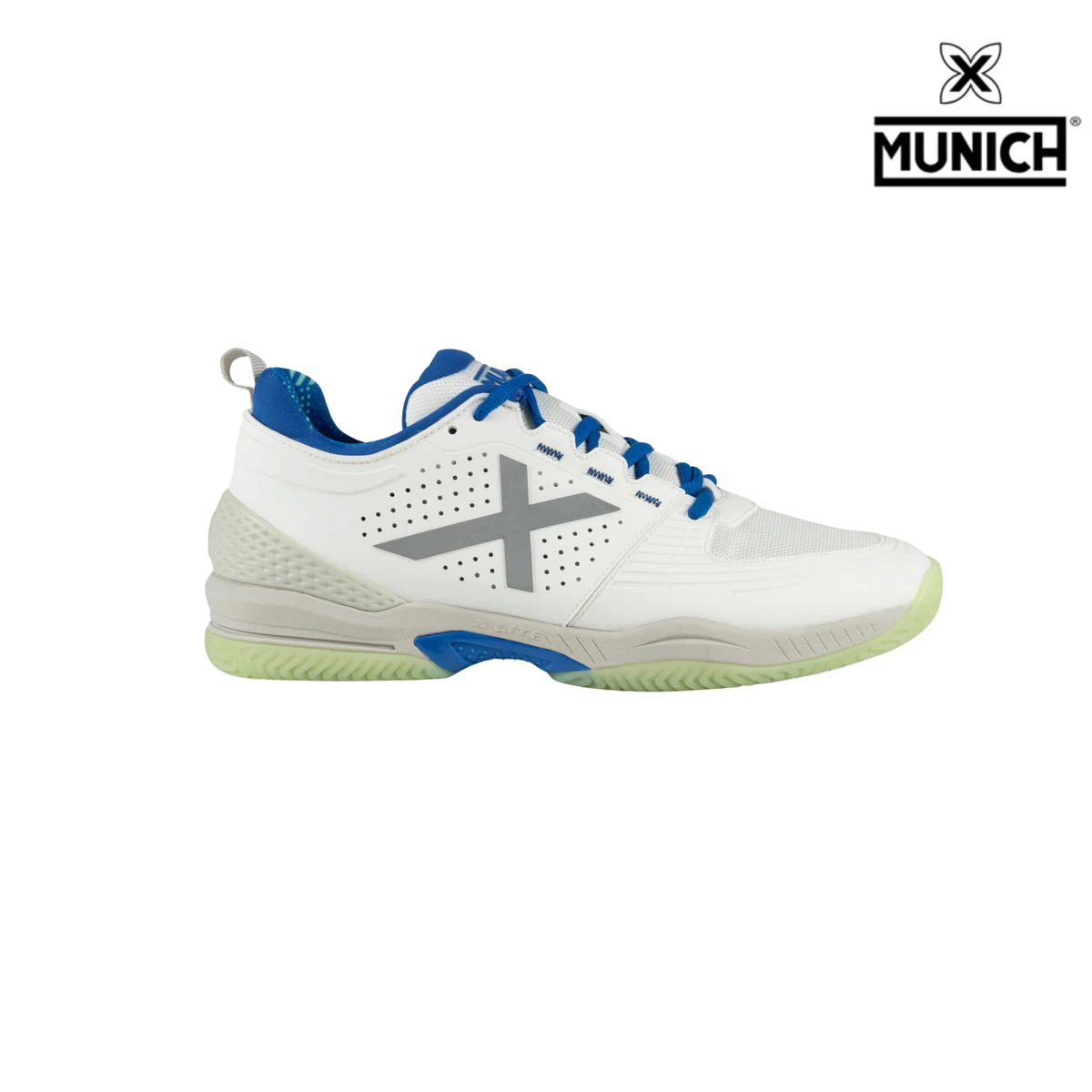 Munich Atomik 53 white padel shoe shown from the side, featuring bright blue laces and lining, a large silver X logo, perforated side panels, light grey heel support and a pale green herringbone outsole, with the Munich logo in the top right corner.