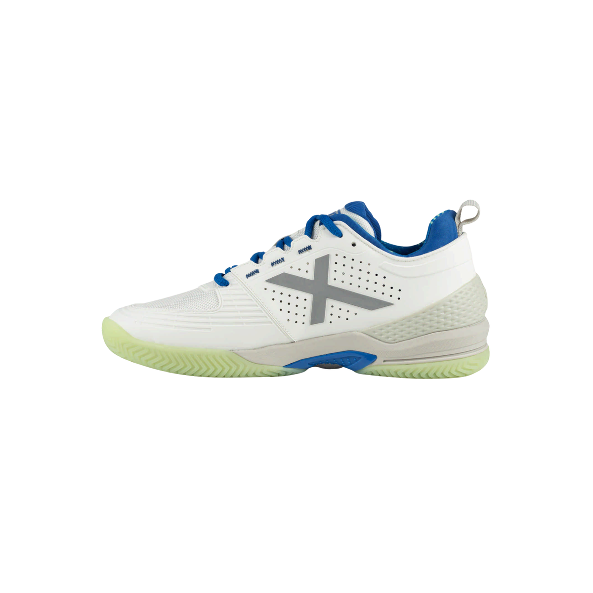 Opposite side view of the Munich Atomik 53 white padel shoe, showing the silver X logo, blue laces and lining, perforated white upper, textured grey heel reinforcement, blue midsole detail and pale green outsole.