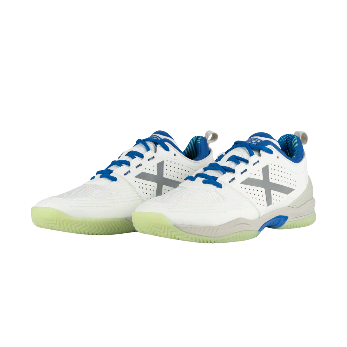 Pair of Munich Atomik 53 white padel shoes shown from a front angled view, featuring bright blue laces and lining, large silver X logos, perforated side panels and pale green outsoles.
