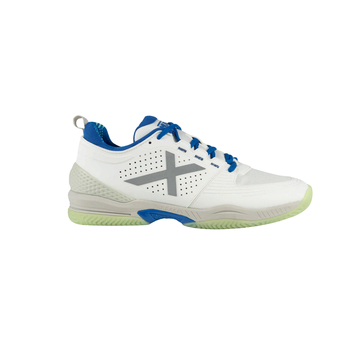 Side view of the Munich Atomik 53 white padel shoe with bright blue laces, blue inner lining, a large silver X logo, ventilation holes, textured light grey heel support and pale green outsole.