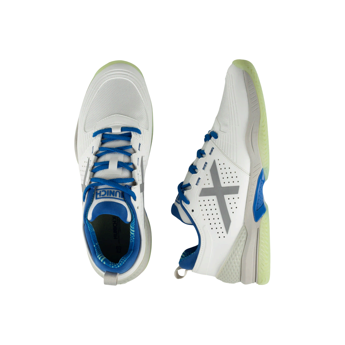 Munich Atomik 53 white padel shoes shown from top and side views, clearly displaying the blue laces, padded blue lining, silver X logo, perforated upper, grey heel reinforcement and pale green outsole.