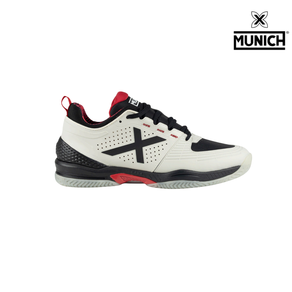 Munich Atomik 54 white padel shoe shown from the side with black laces, a large black X logo, red details, black heel support and the Munich logo in the top right corner.