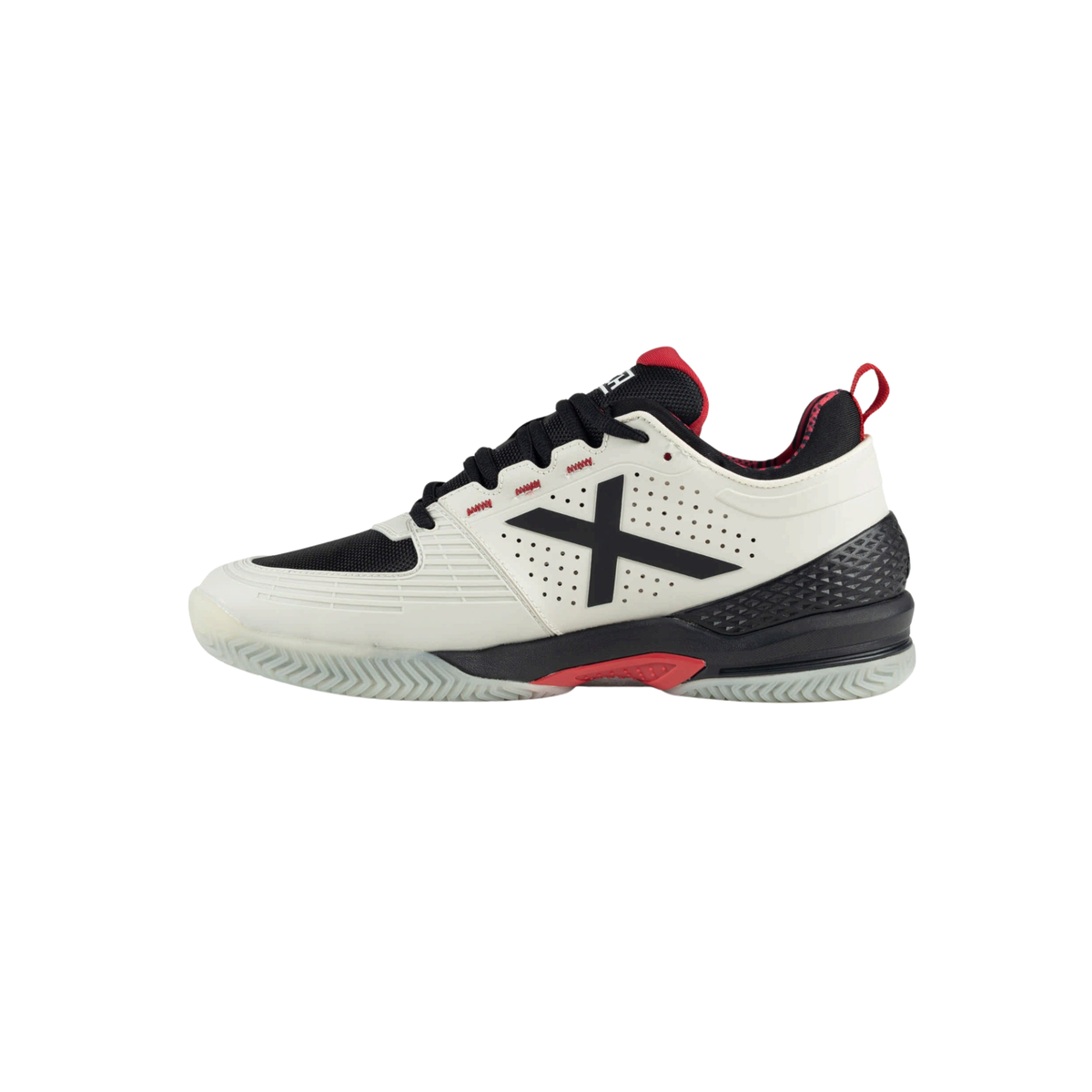 Opposite side view of the Munich Atomik 54 white padel shoe showing the black X logo, perforated upper, black laces, red collar details and textured black heel support.