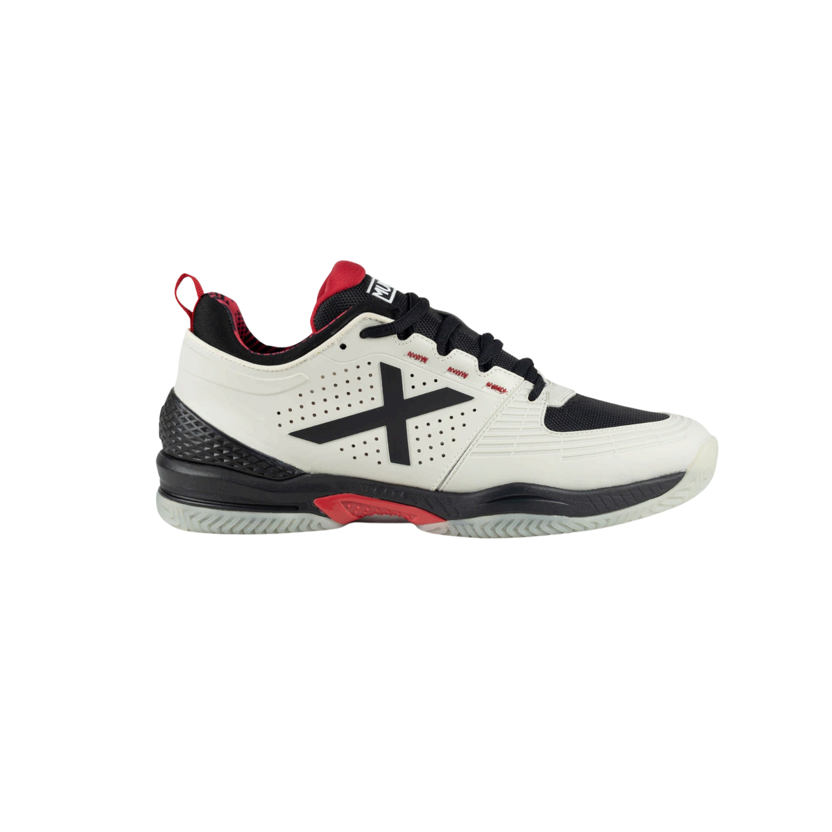 Side view of the Munich Atomik 54 white padel shoe with black laces, large black X logo, black mesh toe area, red lining and a light outsole.