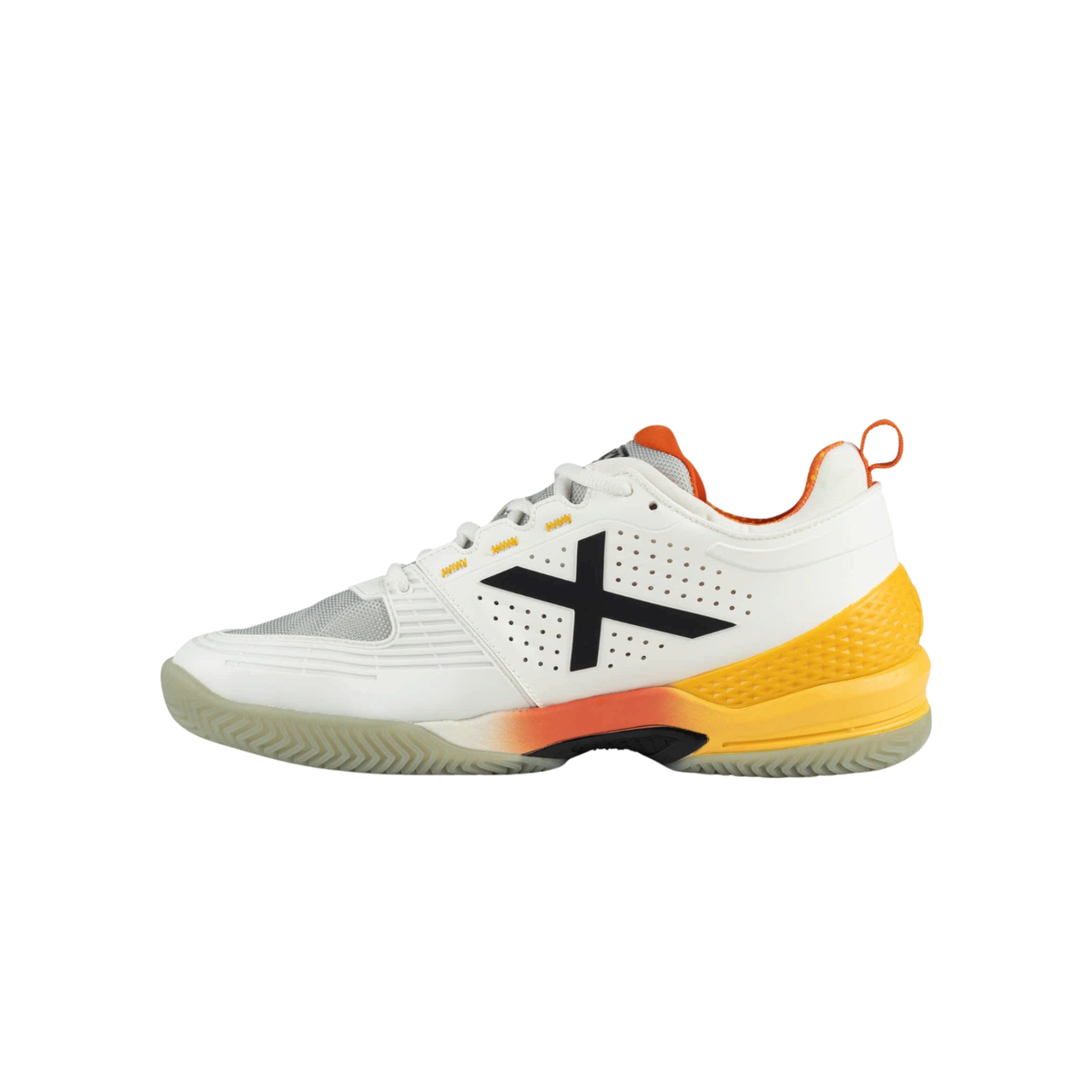 Opposite side view of the Munich Atomik 55 white padel shoe, showing the large black X logo, white perforated upper, light grey mesh forefoot, white laces, bright yellow heel section, orange collar lining and translucent pale outsole.