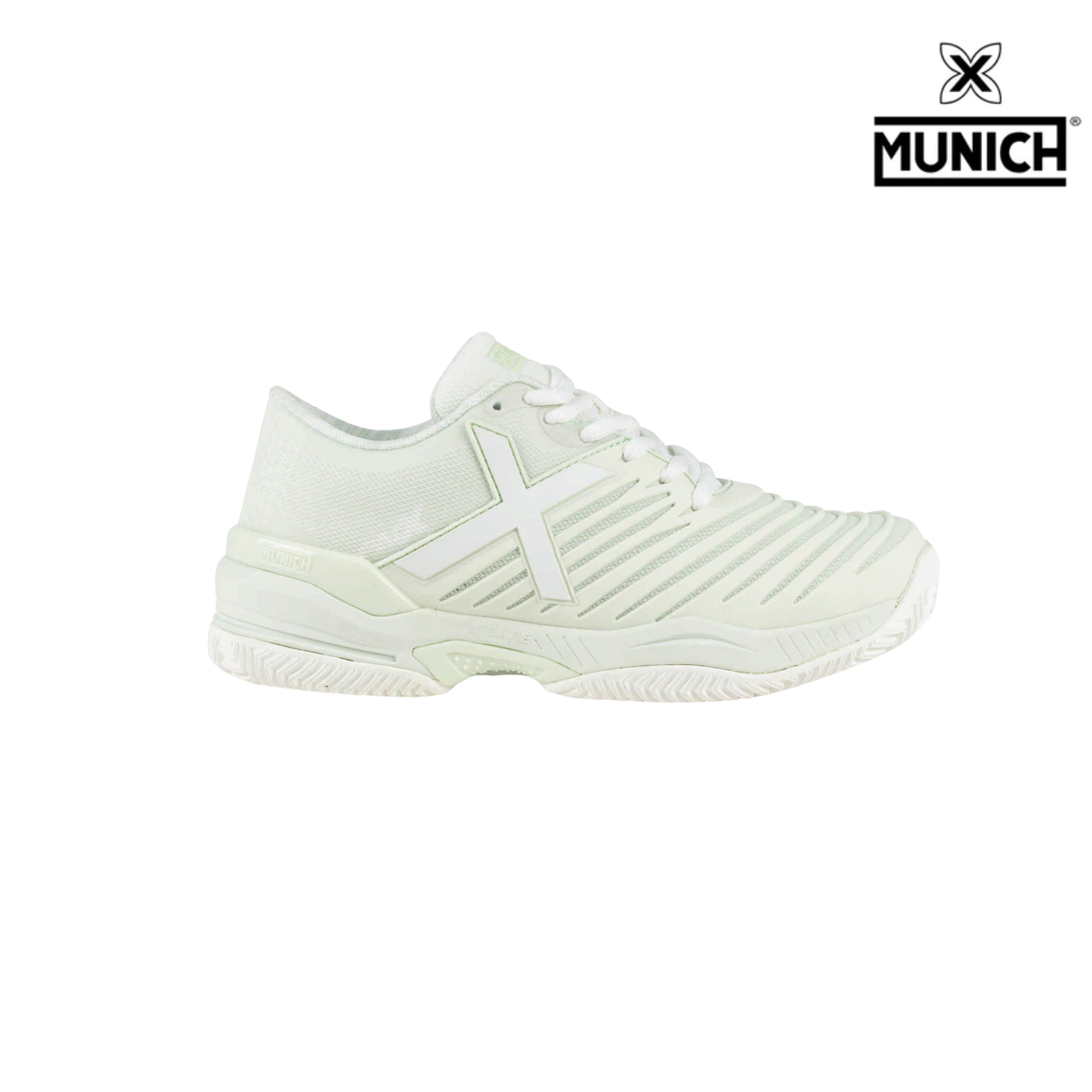 Munich Padx 70 off-white padel shoe shown from the side, featuring white laces, a large white X logo, light mint green accents, ribbed side panels, a reinforced heel and white herringbone outsole, with the Munich logo in the top right corner.