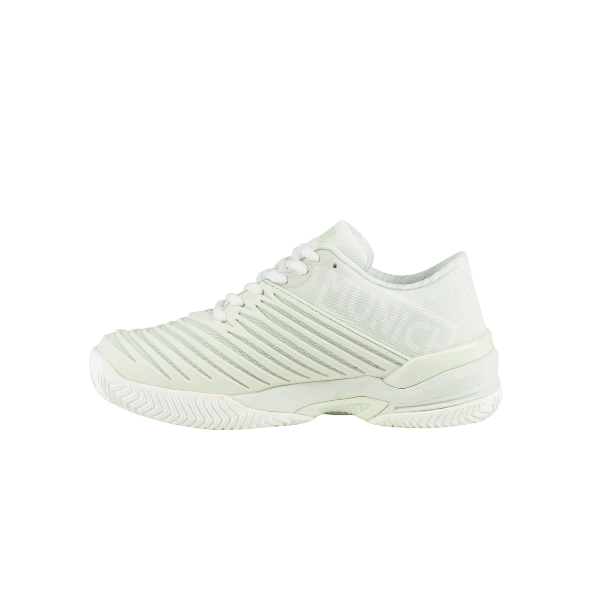 Opposite side view of the Munich Padx 70 off-white padel shoe, showing the ribbed upper, breathable mesh heel section, white laces, subtle light mint green details, reinforced heel and white herringbone outsole.