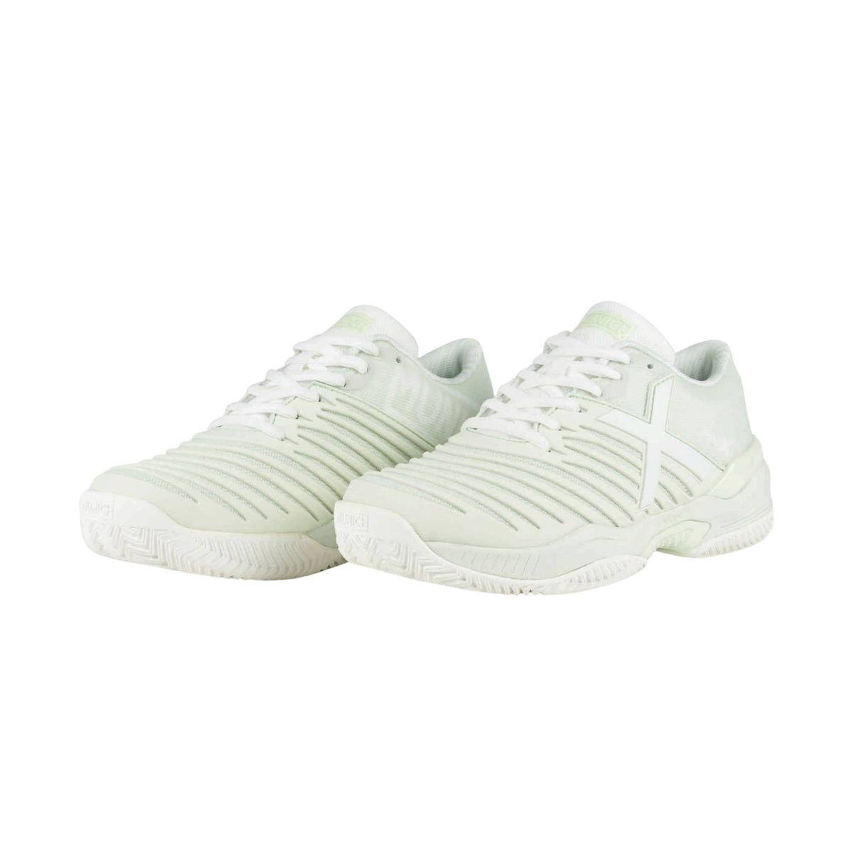 Pair of Munich Padx 70 off-white padel shoes shown from a front angled view, featuring white laces, ribbed uppers, large white X branding, subtle light mint green details and white herringbone outsoles.