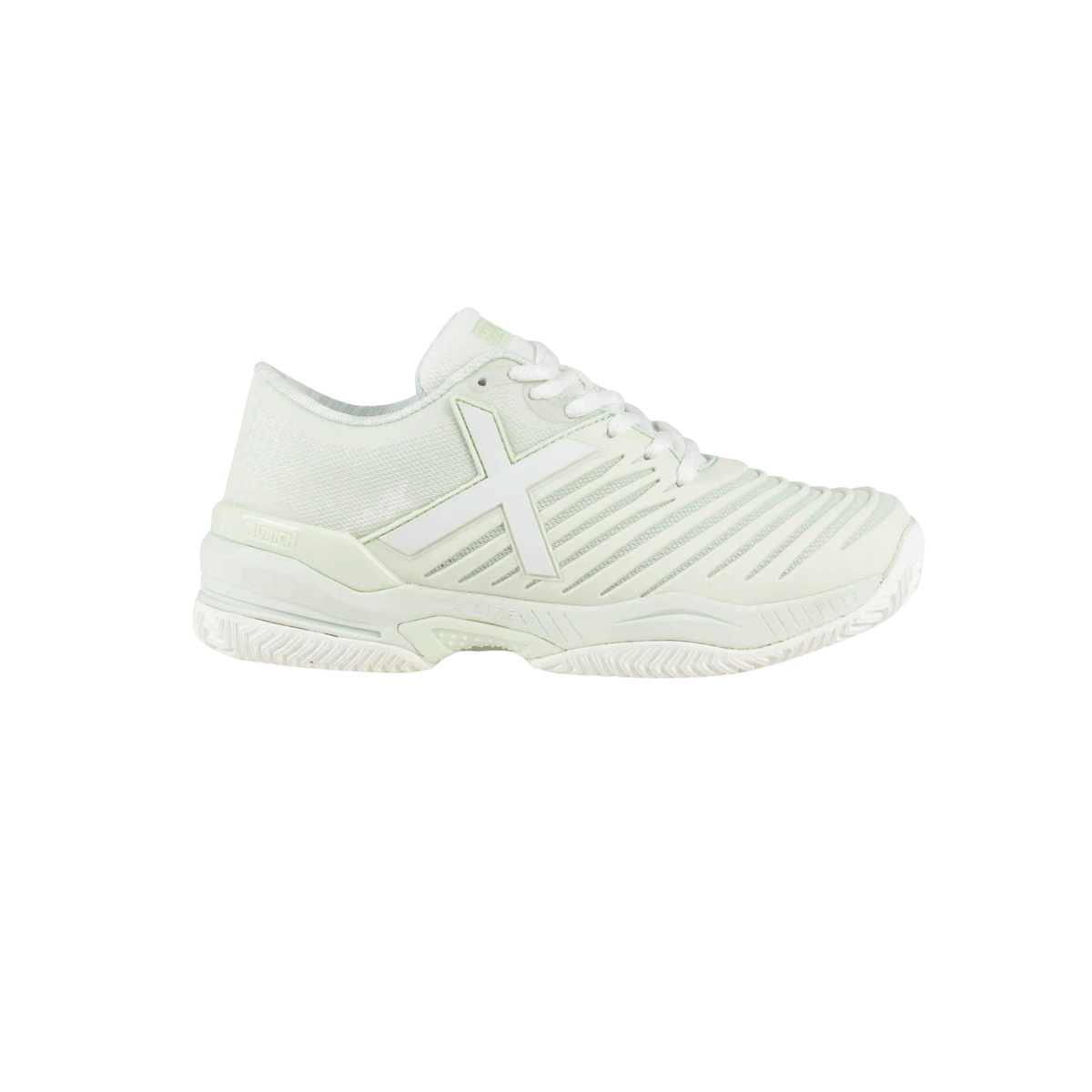 Side view of the Munich Padx 70 off-white padel shoe with white laces, a large white X logo, subtle light mint green details, breathable mesh around the heel, ribbed upper panels and white herringbone outsole.