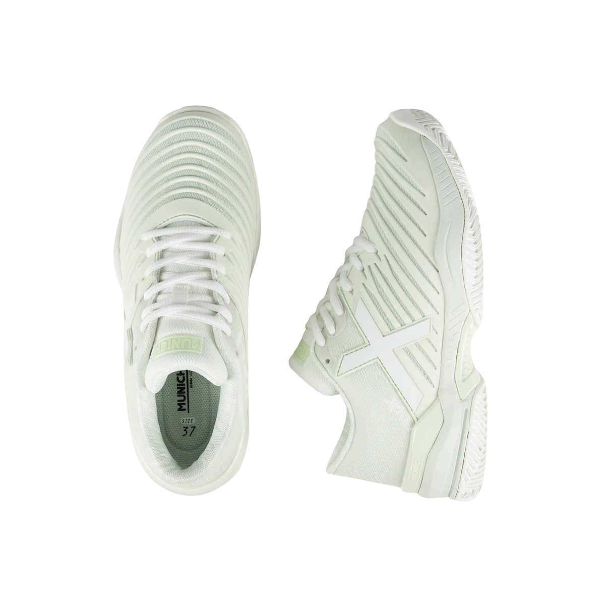 Munich Padx 70 off-white padel shoes shown from top and side views, clearly displaying the white laces, ribbed upper, large white X logo, breathable mesh sections, padded interior and light mint green details.