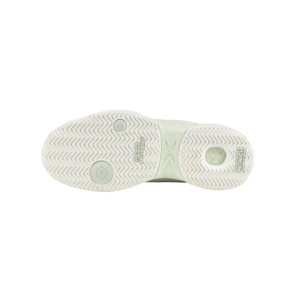 Bottom view of the Munich Padx 70 padel shoe, showing the white herringbone outsole with circular pivot zones, Grip Line branding, Munich logo and light mint central support section.