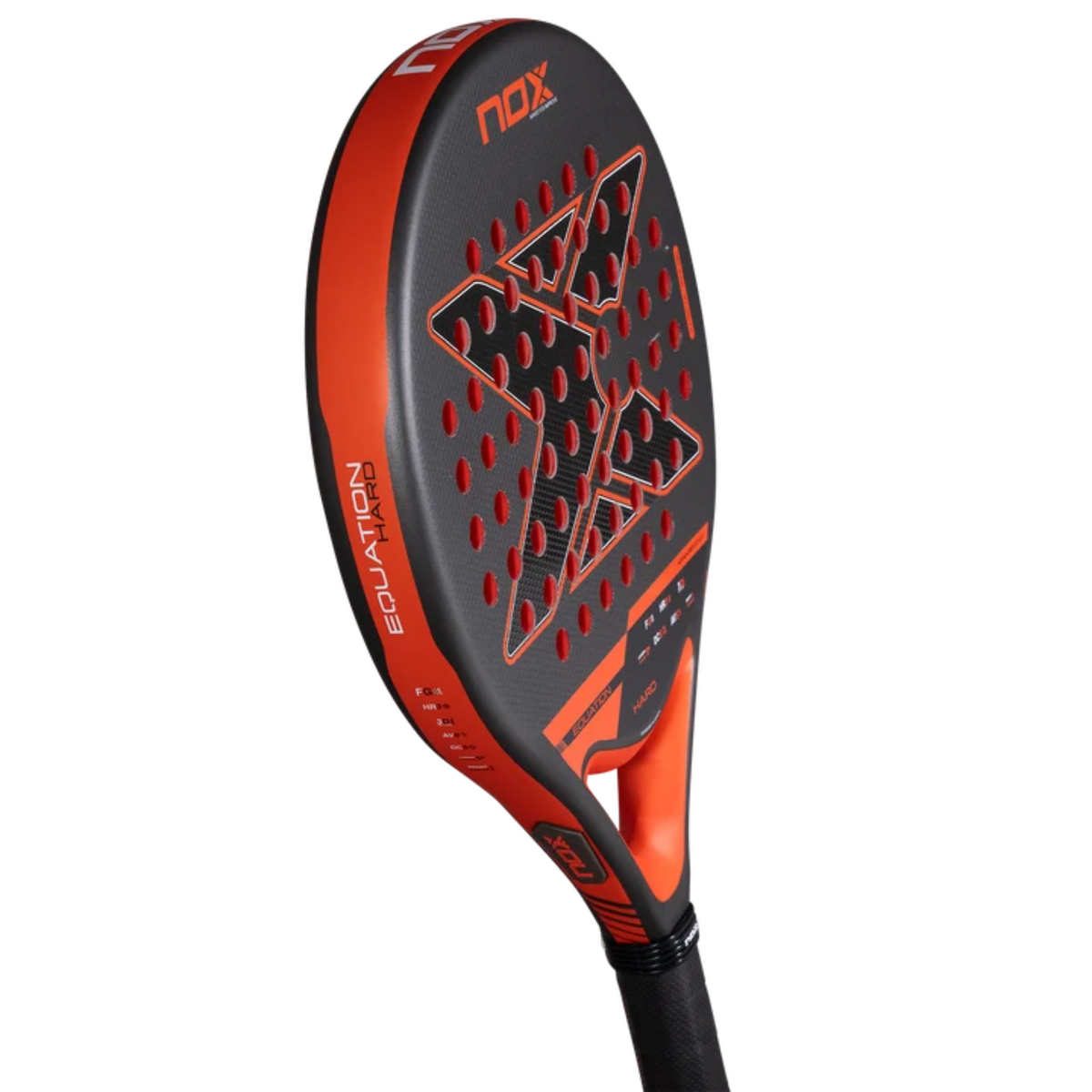 Angled full view of the NOX Equation HARD Advanced 2027 padel racket showing the racket face and frame.