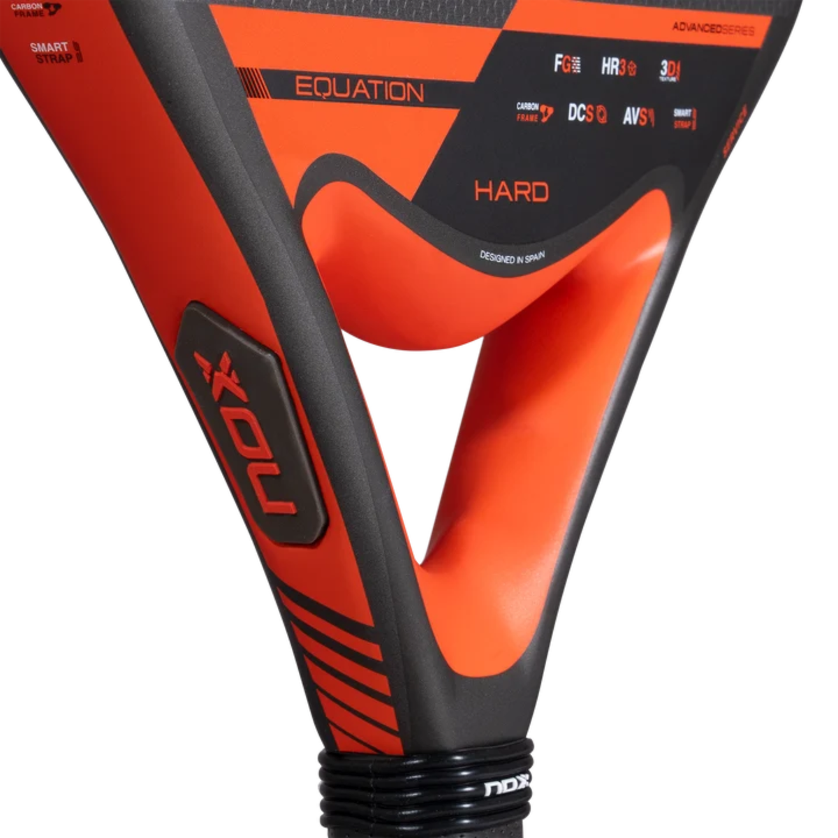Close-up of the orange bridge and lower frame of the NOX Equation HARD Advanced 2027 padel racket.